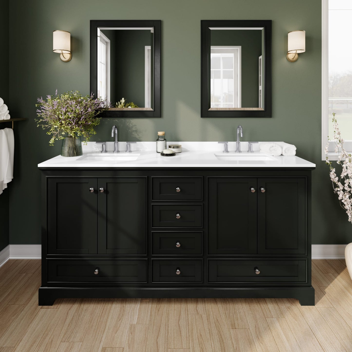 Deborah Bathroom Vanity with Countertop 72 inch Double Sink 3-hole Faucet Setup