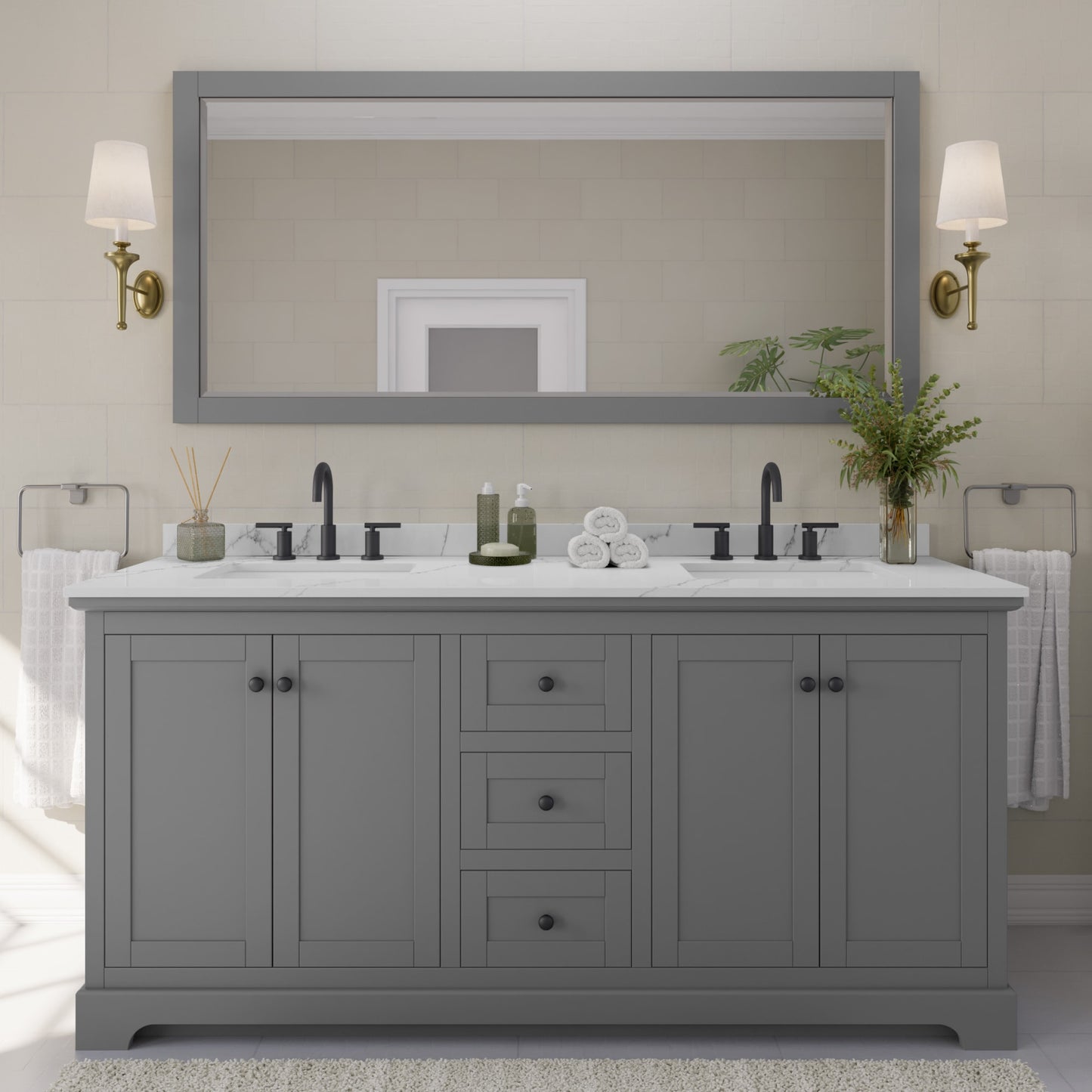 Avery Bathroom Vanity with Countertop 72 inch Double Sink 3-hole Faucet Setup