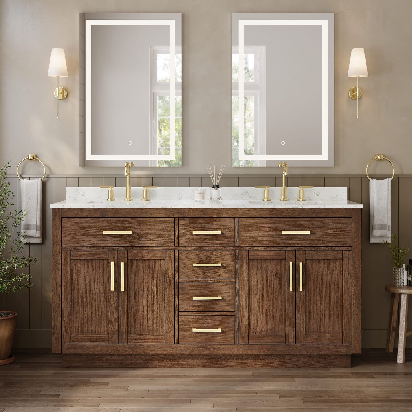 Beckett TK Bathroom Vanity with Countertop 66 inch Double Sink 3-hole Faucet Setup