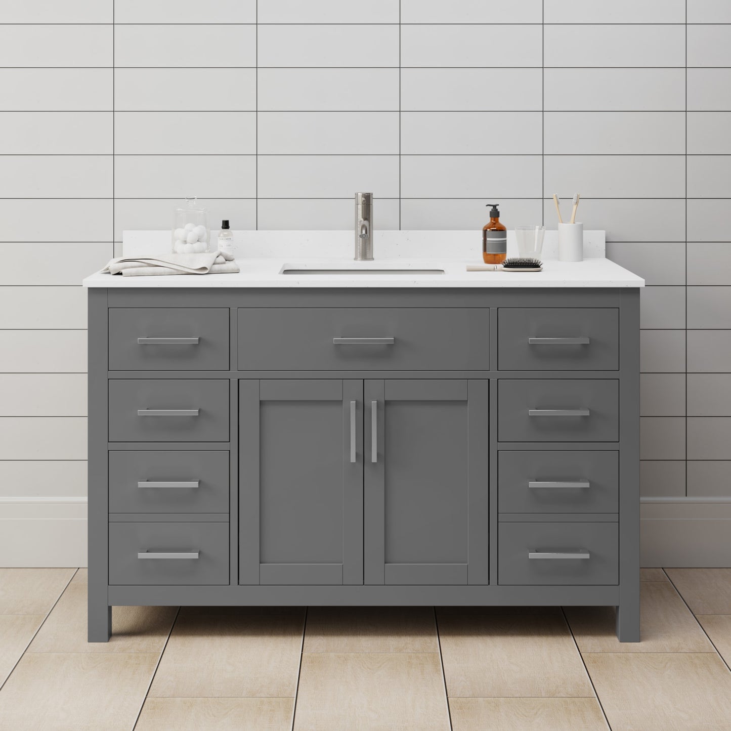 Beckett Bathroom Vanity with Countertop 54 inch Single Sink Single hole Faucet Setup