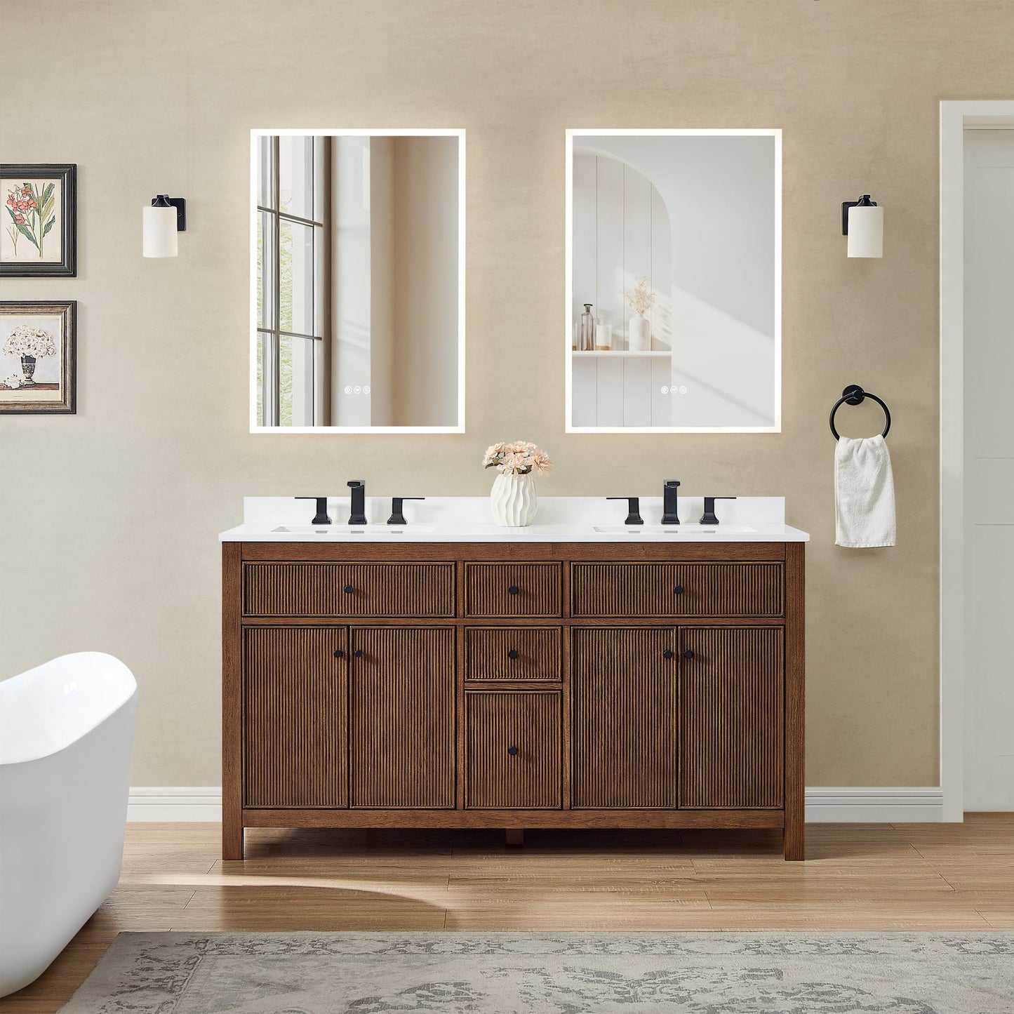 Pendry Bathroom Vanity with Countertop 60 inch Double Sink 3-hole Faucet Setup