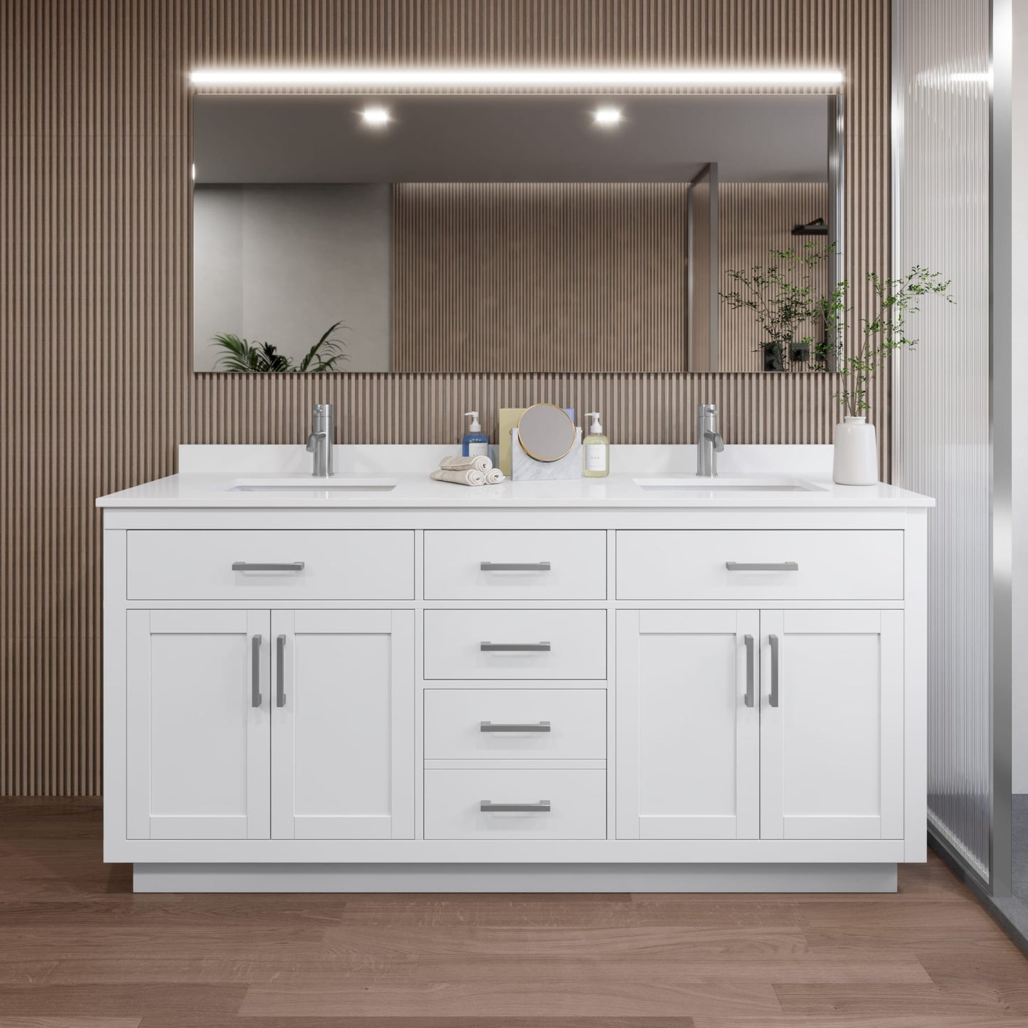 Beckett TK Bathroom Vanity with Countertop 72 inch Double Sink Single hole Faucet Setup