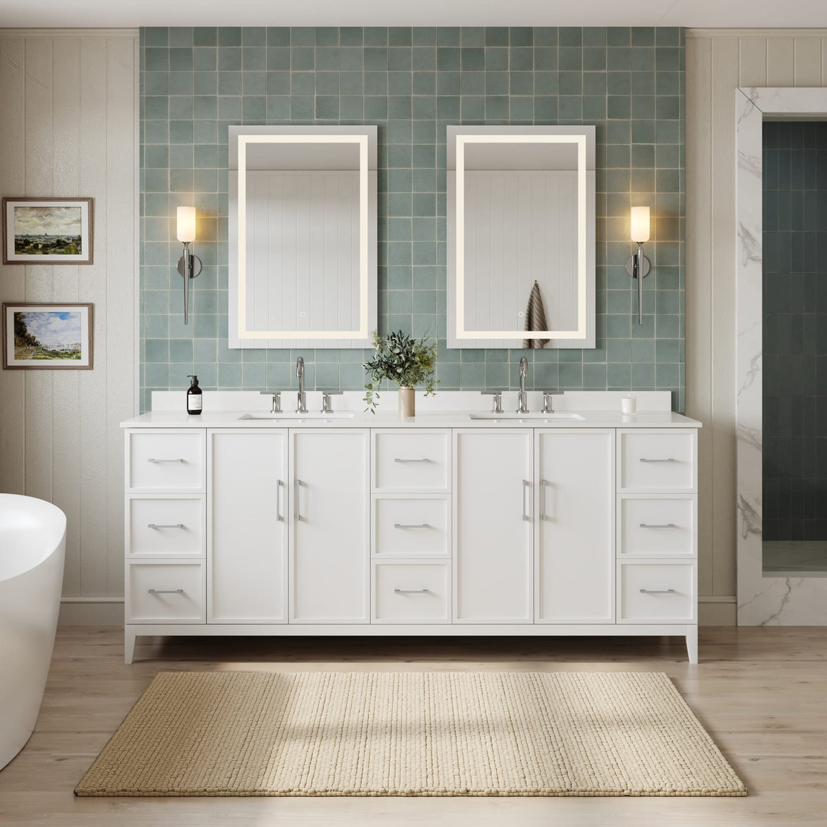 Elan Bathroom Vanity with Countertop 84 inch Double Sink 3-hole Faucet Setup