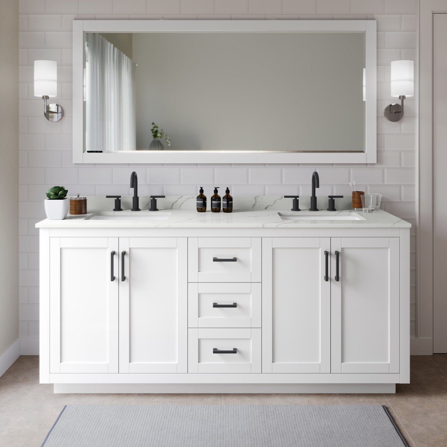 Miranda Bathroom Vanity with Countertop 72 inch Double Sink 3-hole Faucet Setup
