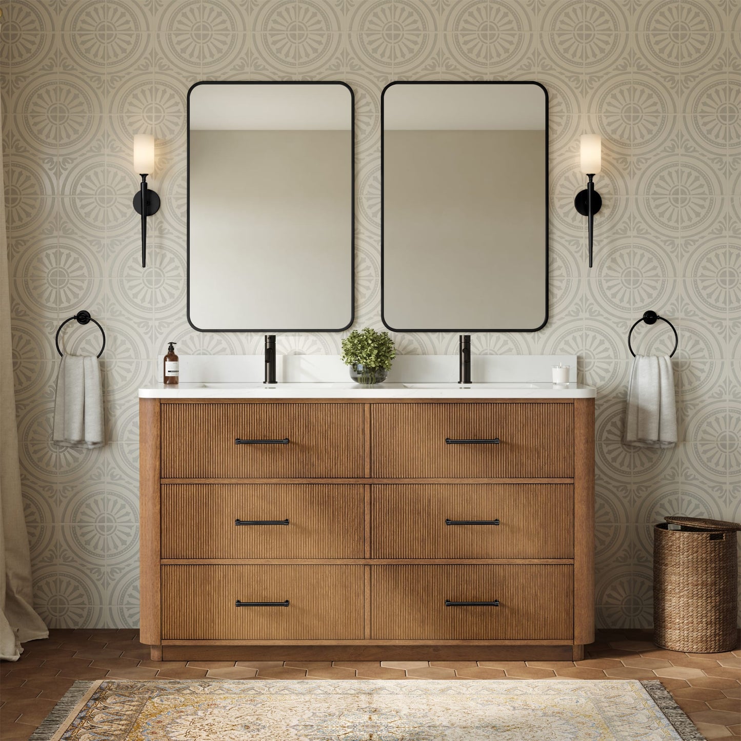 Francesca Bathroom Vanity with Countertop 60 inch Double Sink Single hole Faucet Setup