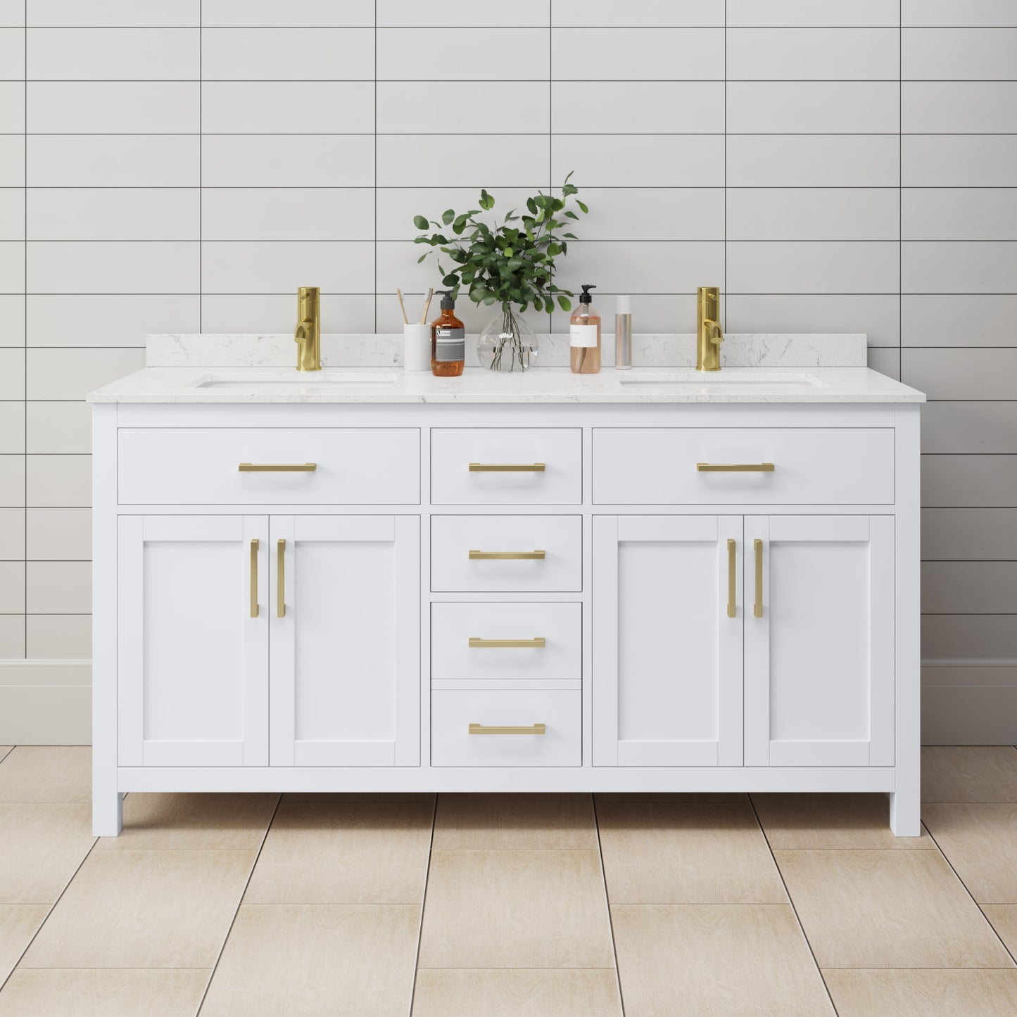 Beckett Bathroom Vanity with Countertop 66 inch Double Sink Single hole Faucet Setup