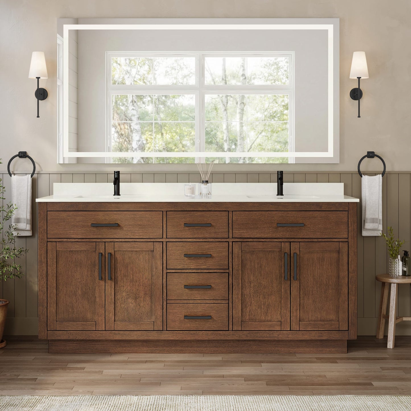 Beckett TK Bathroom Vanity with Countertop 72 inch Double Sink Single hole Faucet Setup