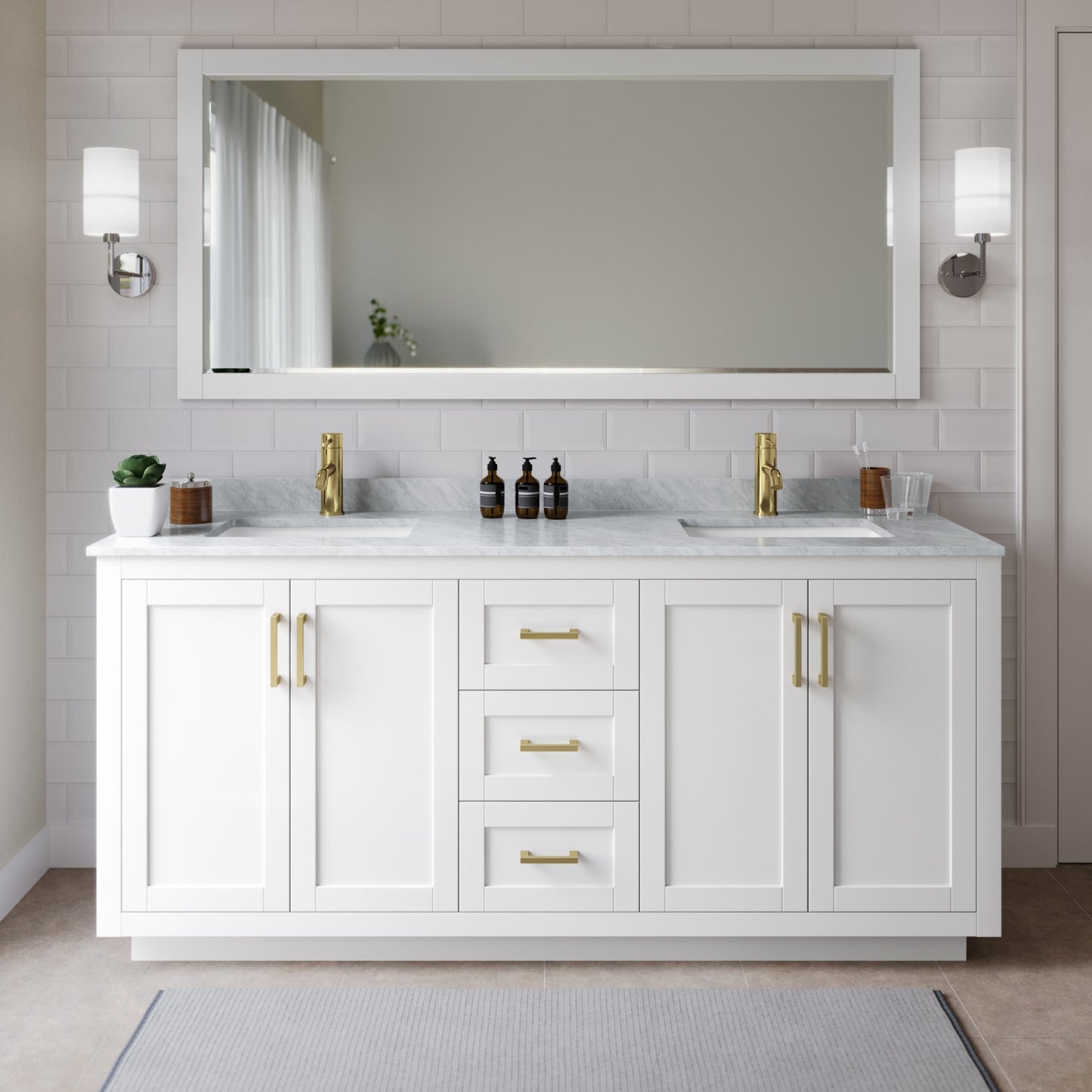 Miranda Bathroom Vanity with Countertop 72 inch Double Sink Single hole Faucet Setup