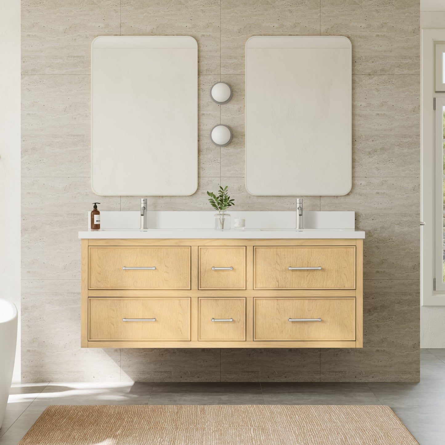 Isola WM Wall Mounted Bathroom Vanity with Countertop 60 inch Double Sink Single hole Faucet Setup