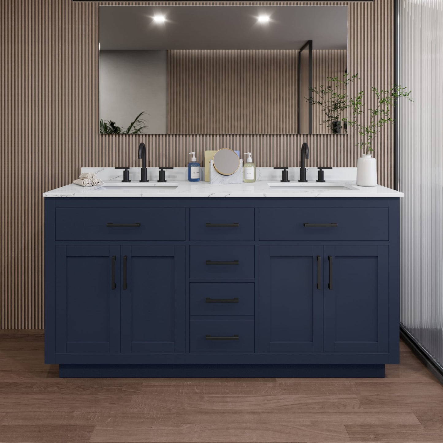 Beckett TK Bathroom Vanity with Countertop 66 inch Double Sink 3-hole Faucet Setup