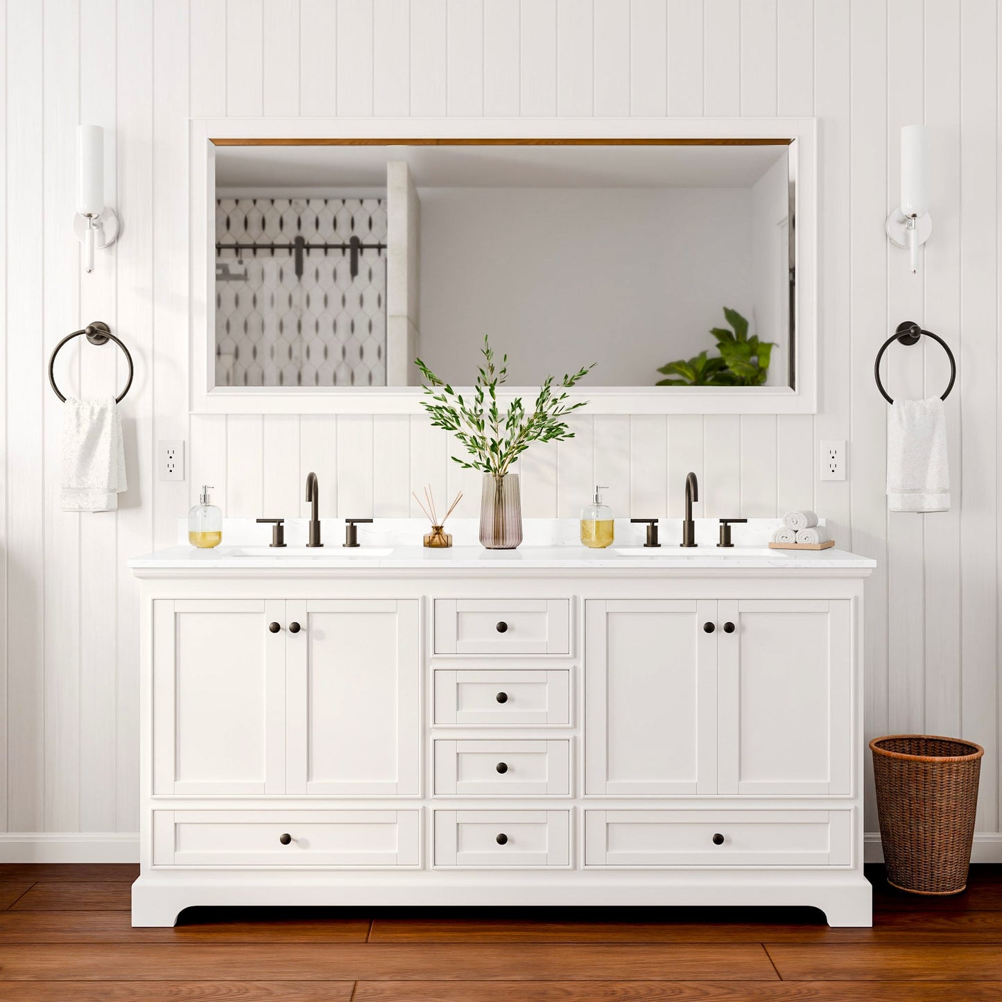 Deborah Bathroom Vanity with Countertop 72 inch Double Sink 3-hole Faucet Setup