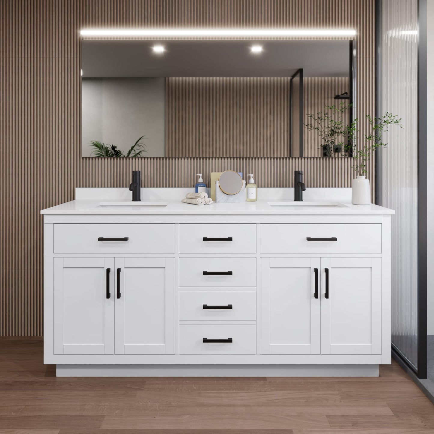 Beckett TK Bathroom Vanity with Countertop 72 inch Double Sink Single hole Faucet Setup