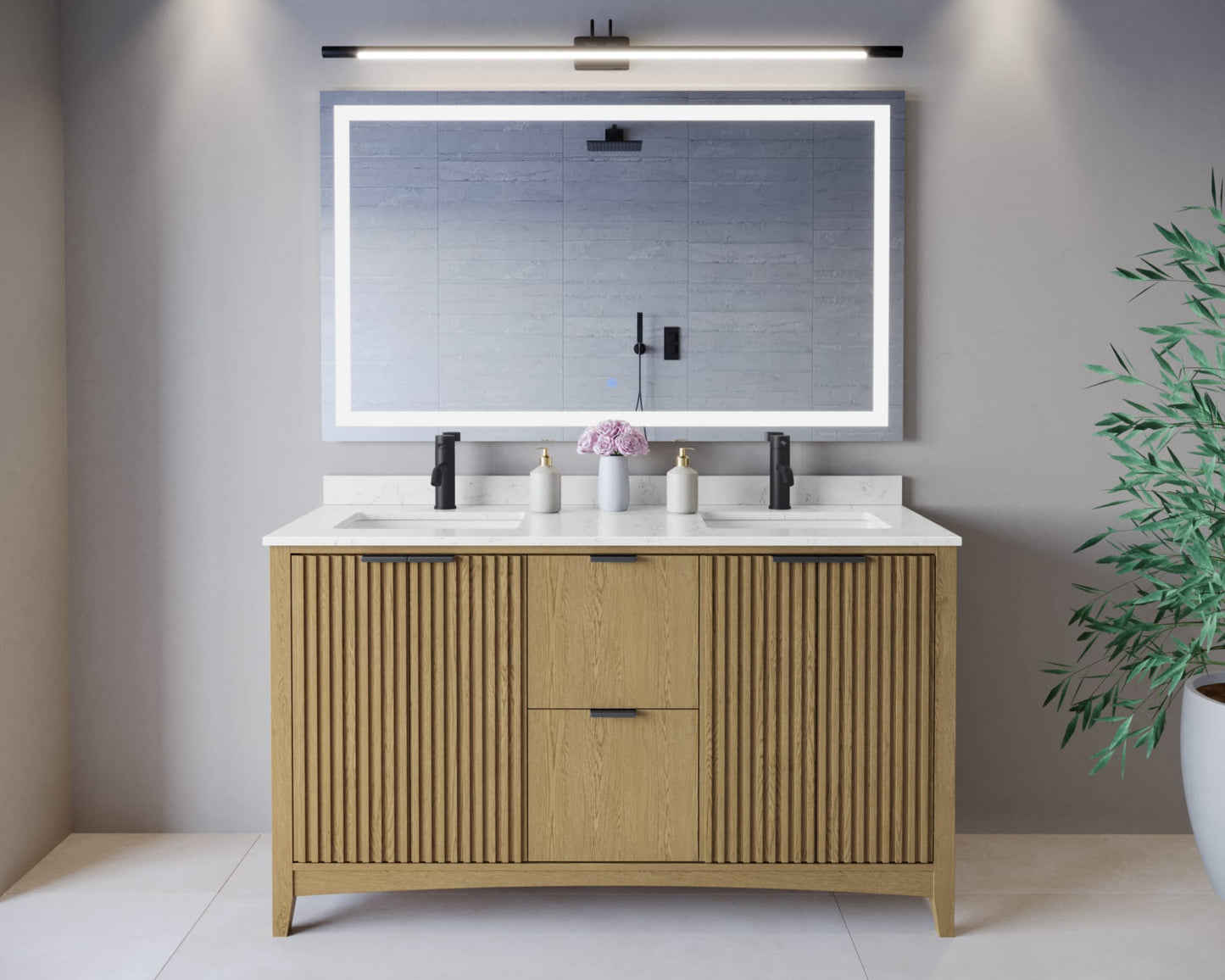Palmilla Bathroom Vanity with Countertop 60 inch Double Sink Single hole Faucet Setup