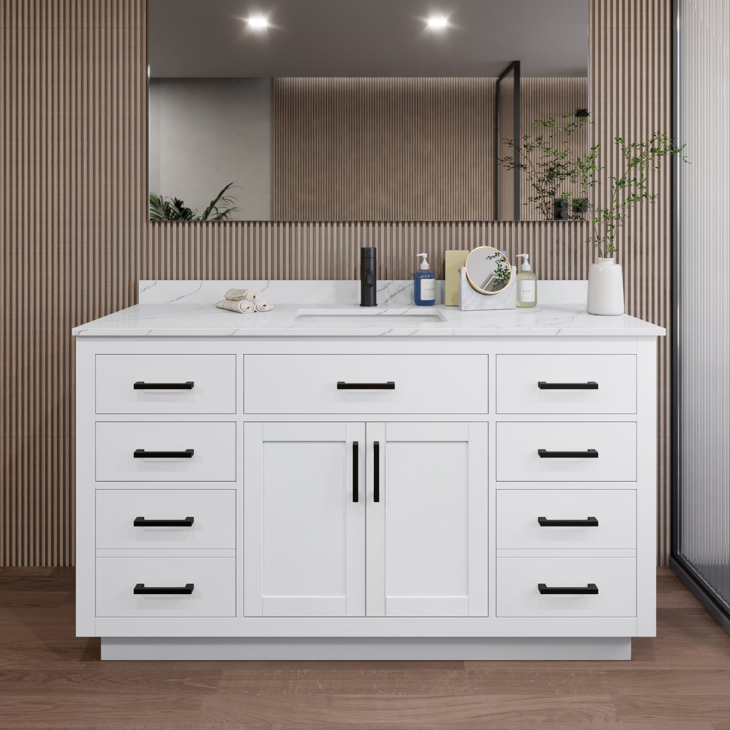 Beckett TK Bathroom Vanity with Countertop 60 inch Single Sink Single hole Faucet Setup