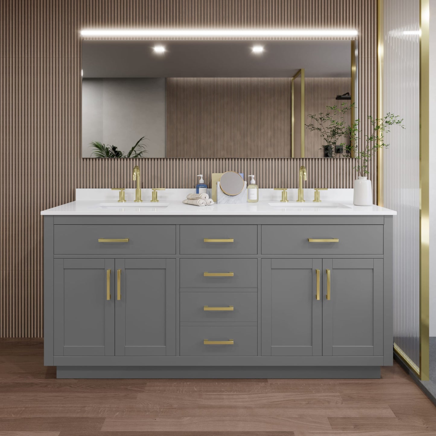 Beckett TK Bathroom Vanity with Countertop 72 inch Double Sink 3-hole Faucet Setup