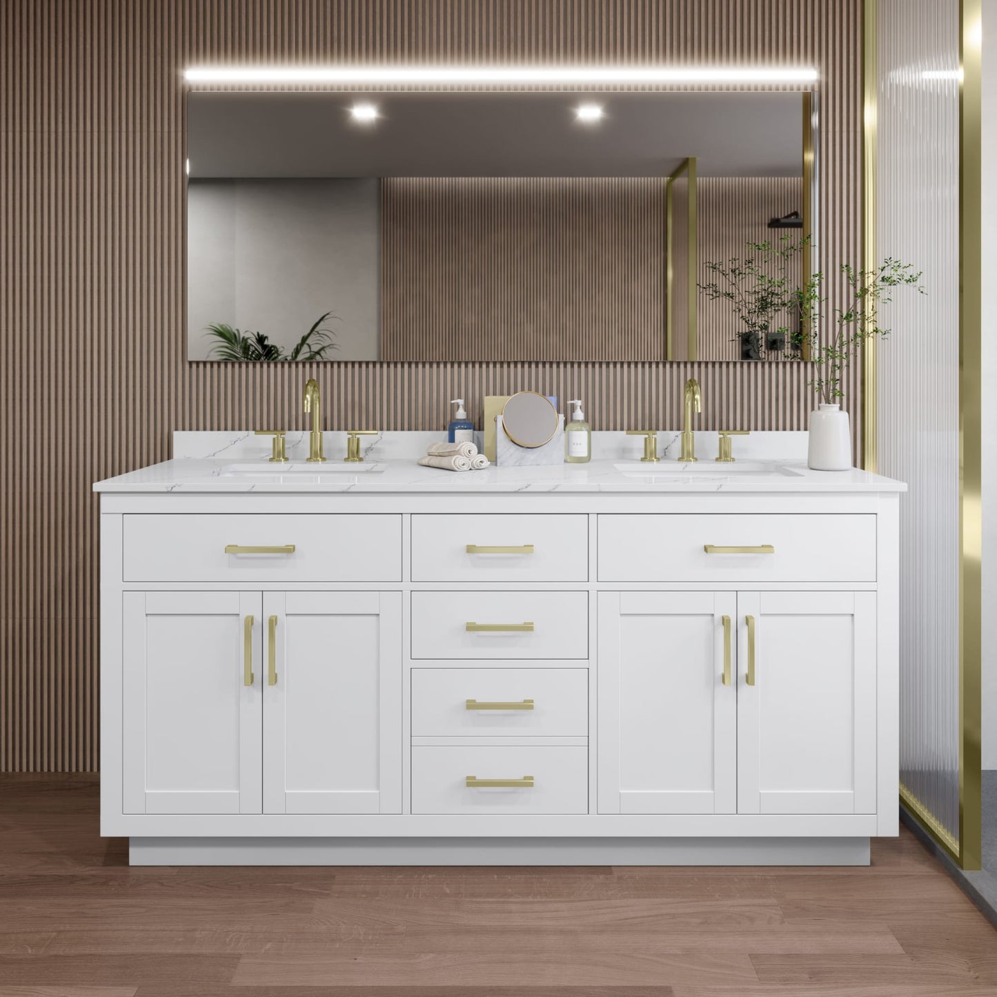 Beckett TK Bathroom Vanity with Countertop 72 inch Double Sink 3-hole Faucet Setup