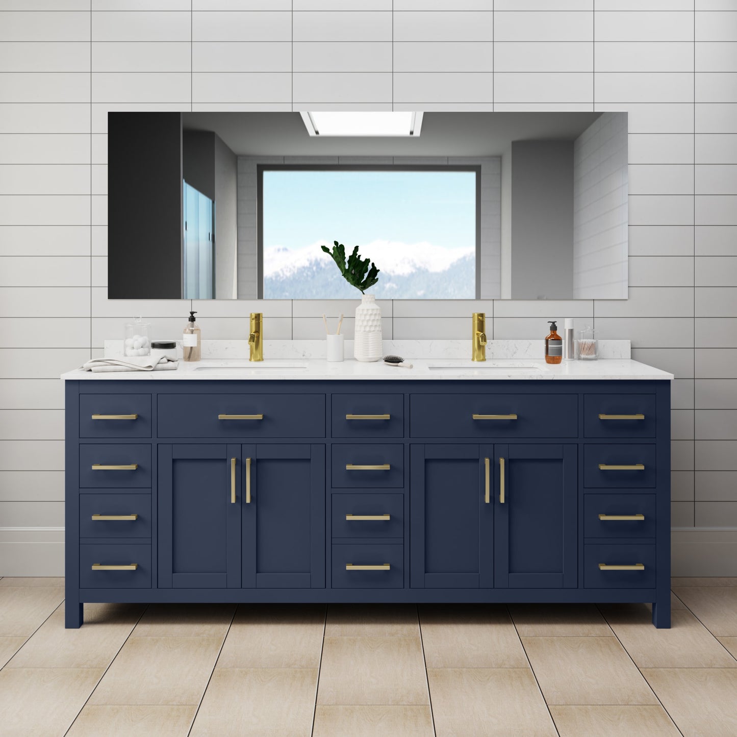 Beckett Bathroom Vanity with Countertop 84 inch Double Sink Single hole Faucet Setup