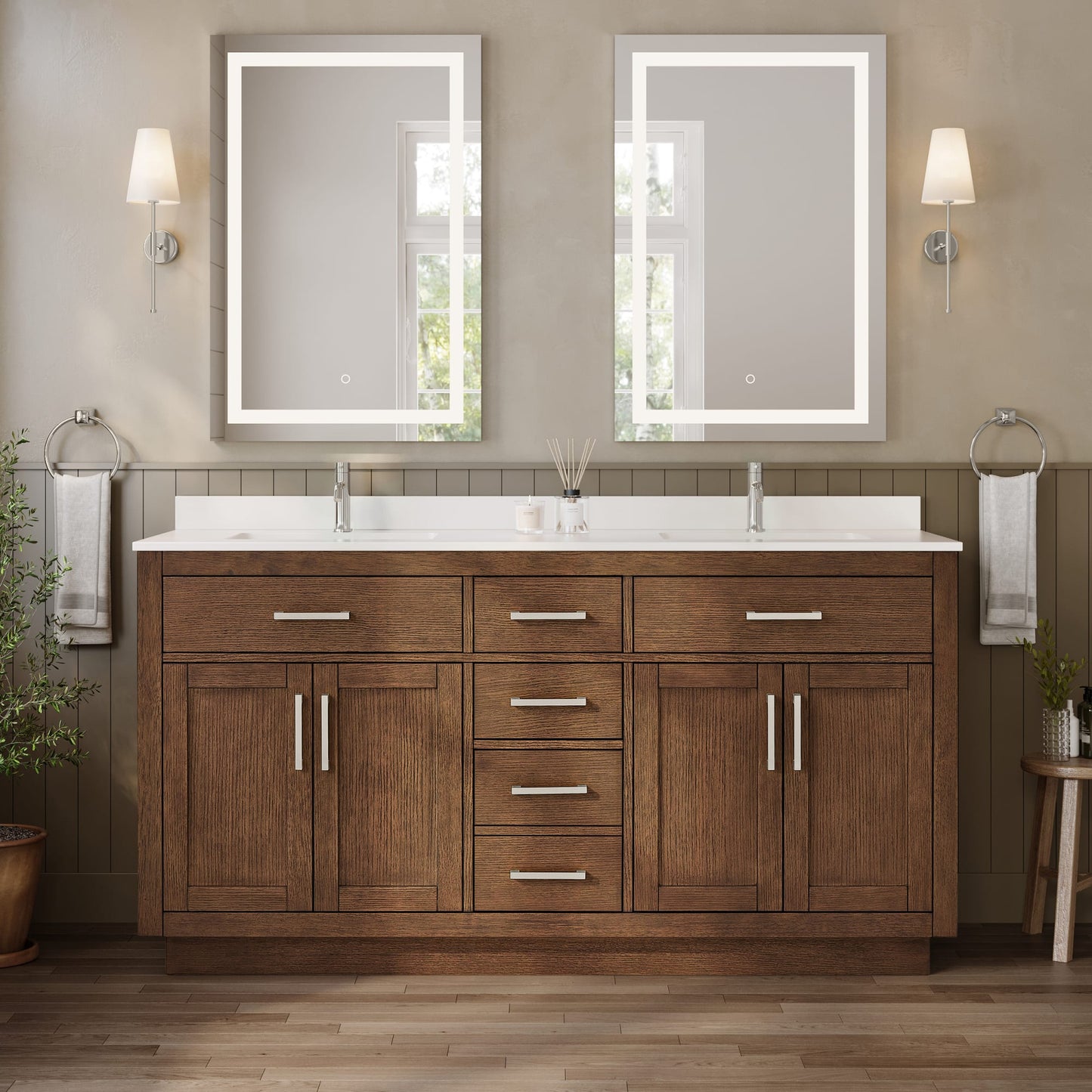 Beckett TK Bathroom Vanity with Countertop 66 inch Double Sink Single hole Faucet Setup