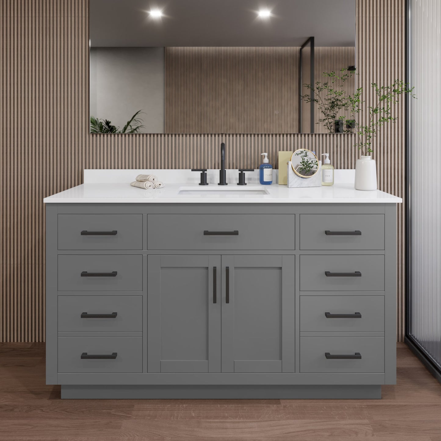 Beckett TK Bathroom Vanity with Countertop 60 inch Single Sink 3-hole Faucet Setup
