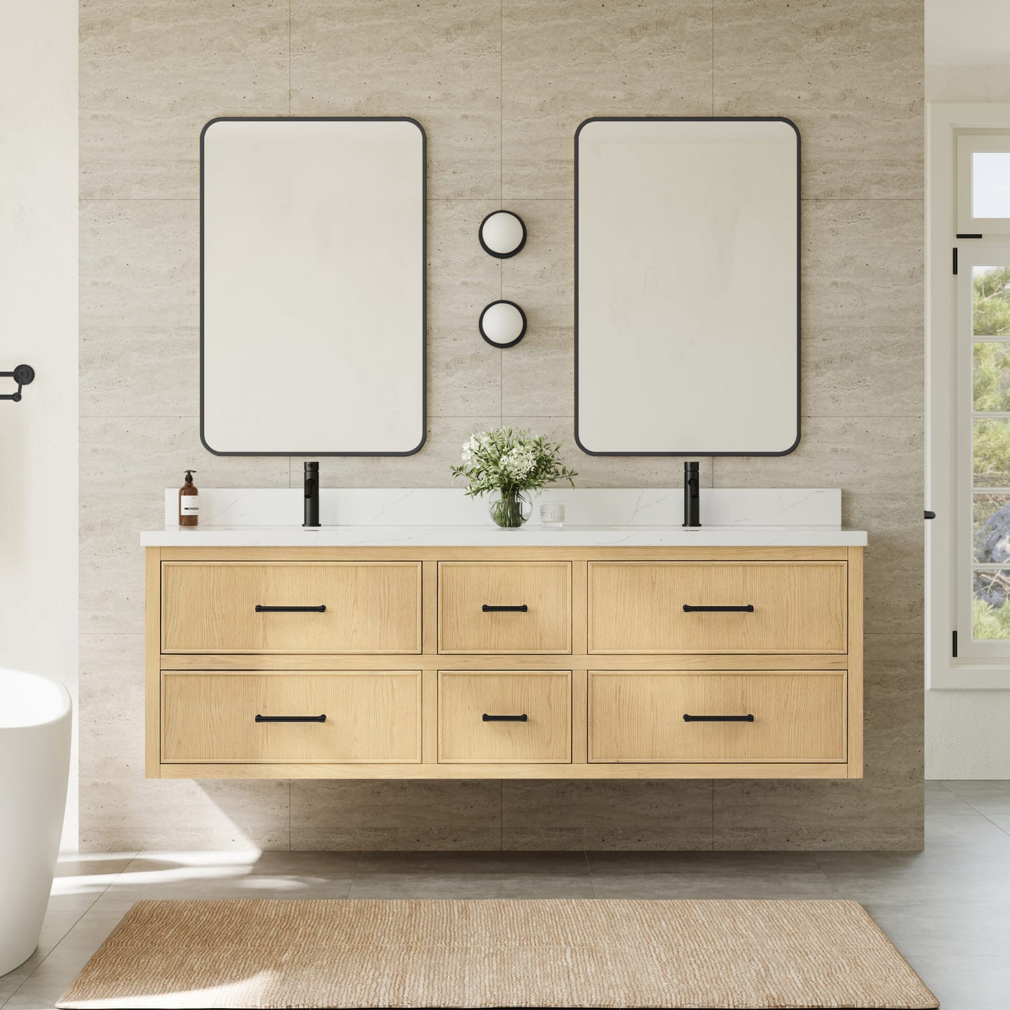 Isola WM Wall Mounted Bathroom Vanity with Countertop 72 inch Double Sink Single hole Faucet Setup