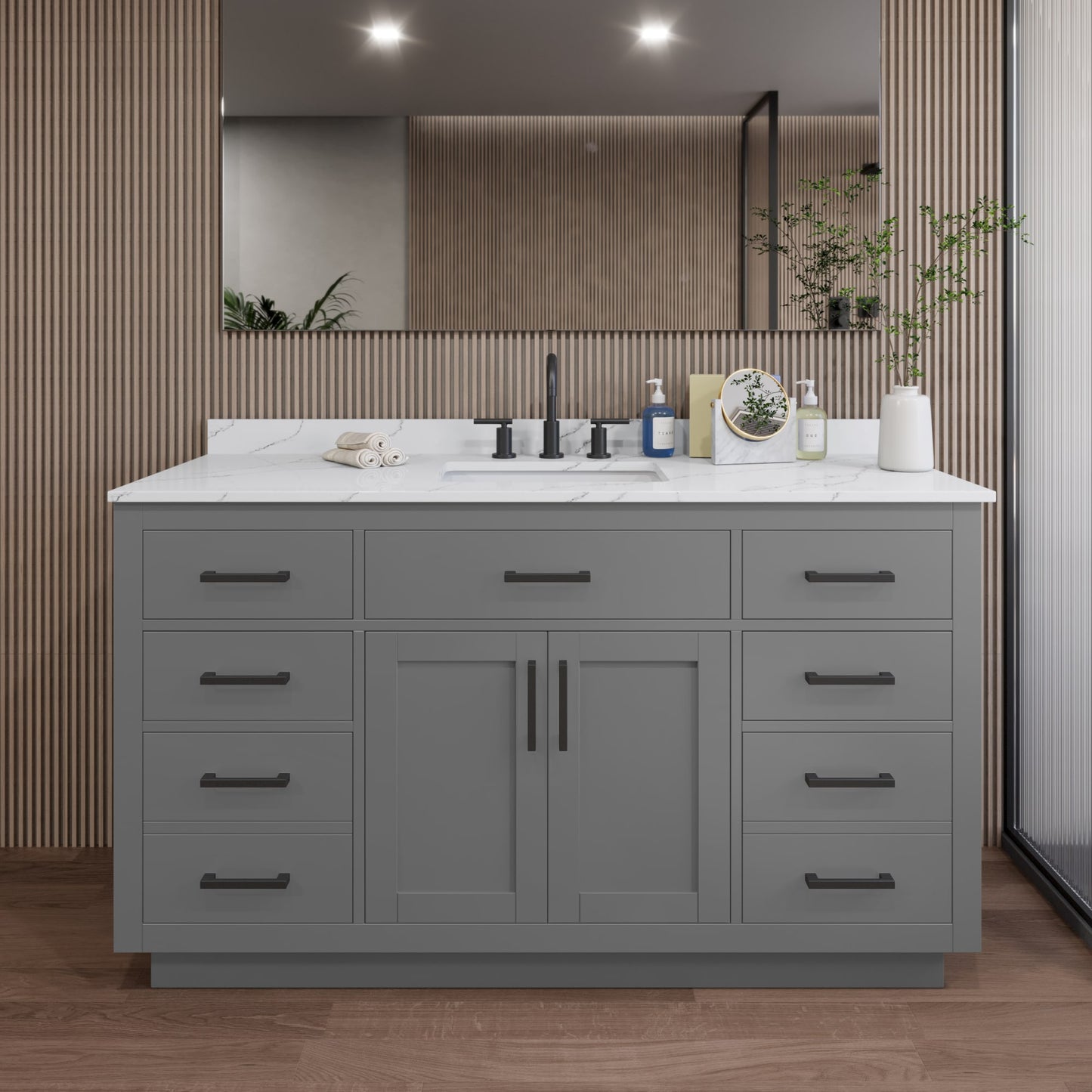 Beckett TK Bathroom Vanity with Countertop 60 inch Single Sink 3-hole Faucet Setup