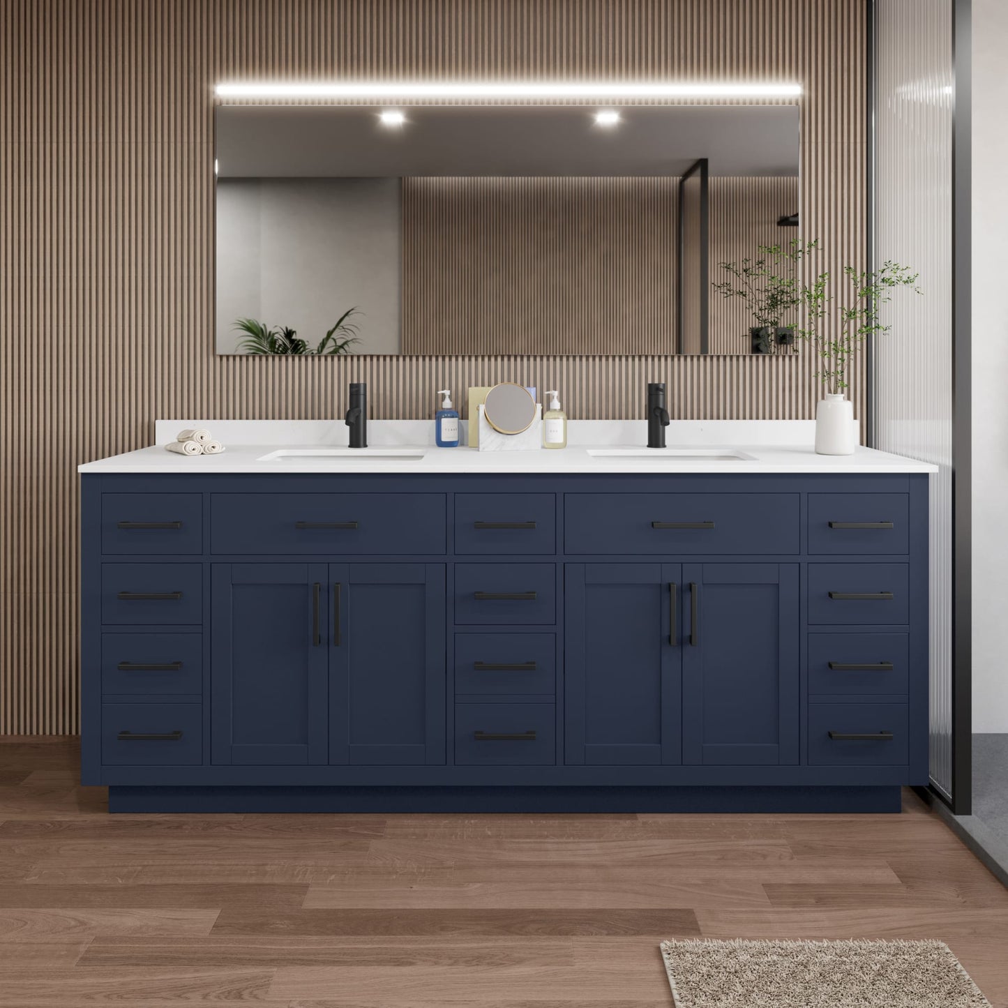 Beckett TK Bathroom Vanity with Countertop 84 inch Double Sink Single hole Faucet Setup