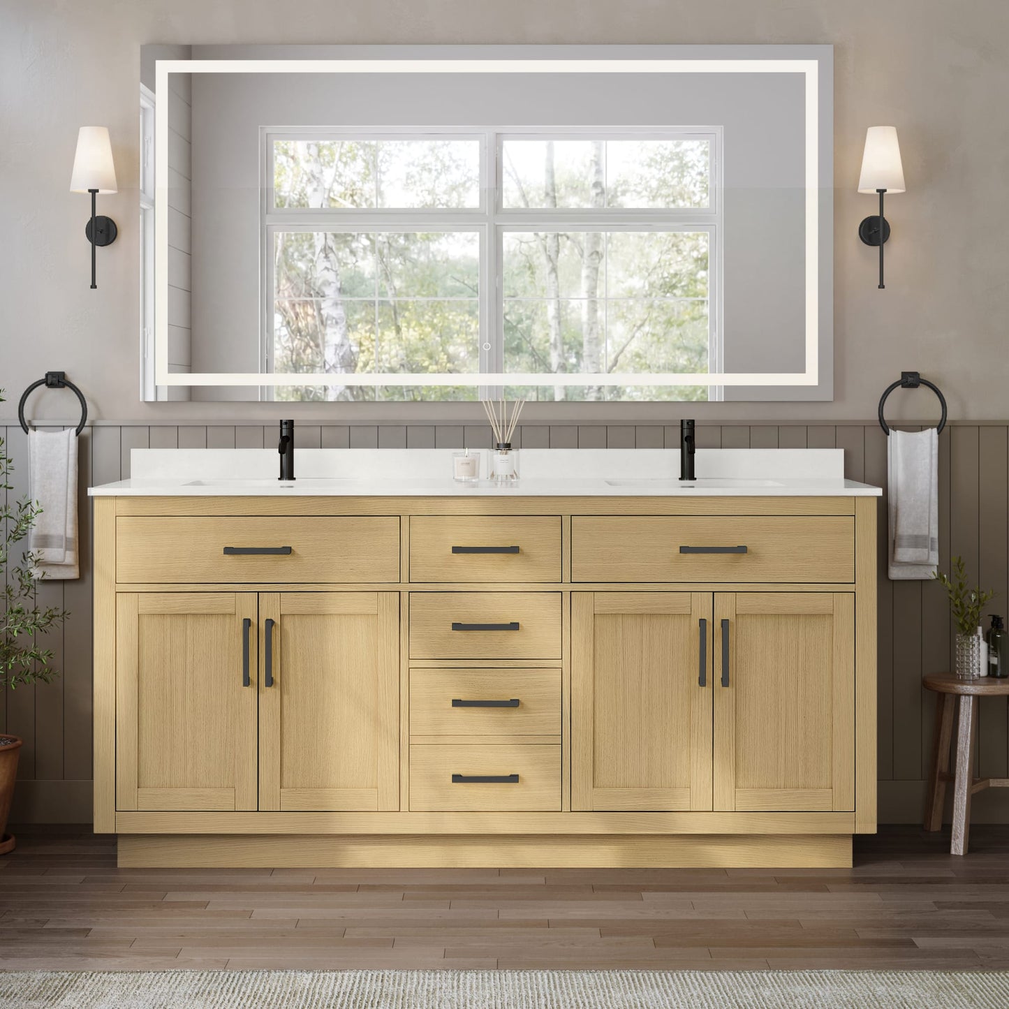 Beckett TK Bathroom Vanity with Countertop 72 inch Double Sink Single hole Faucet Setup