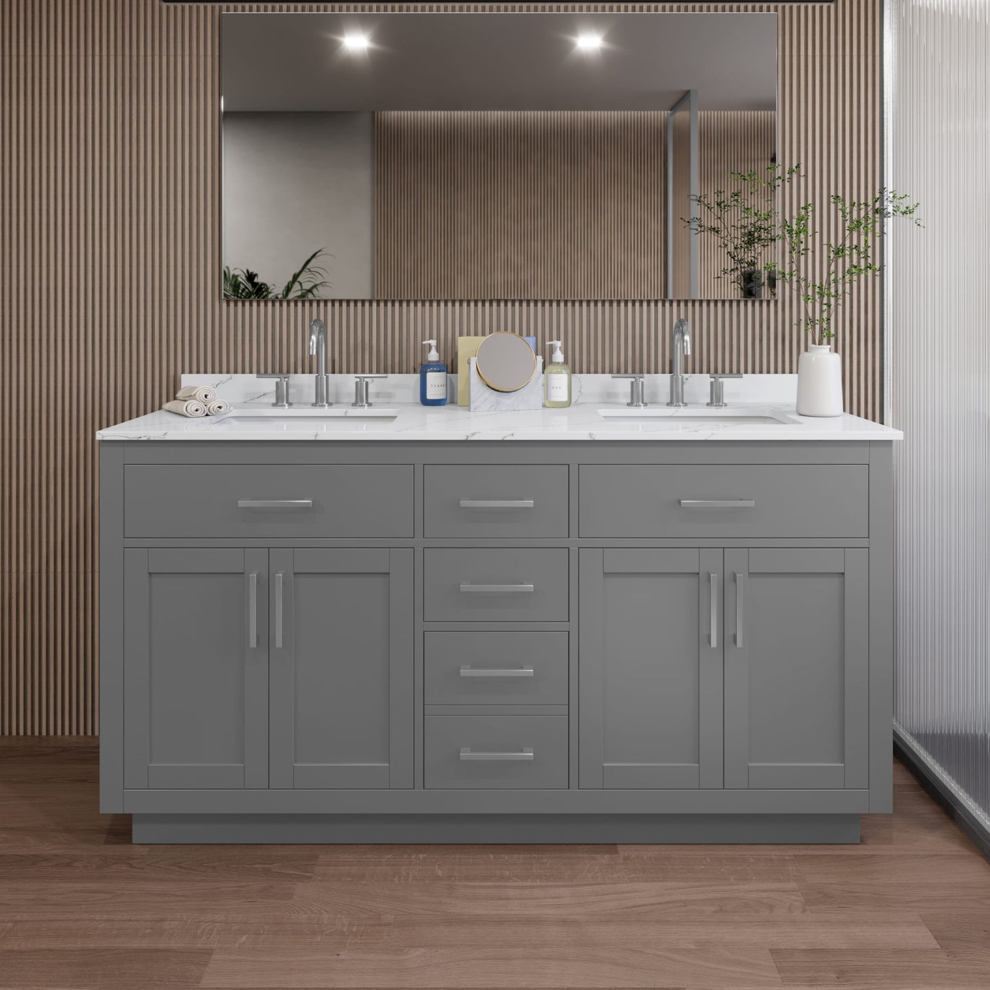 Beckett TK Bathroom Vanity with Countertop 66 inch Double Sink 3-hole Faucet Setup