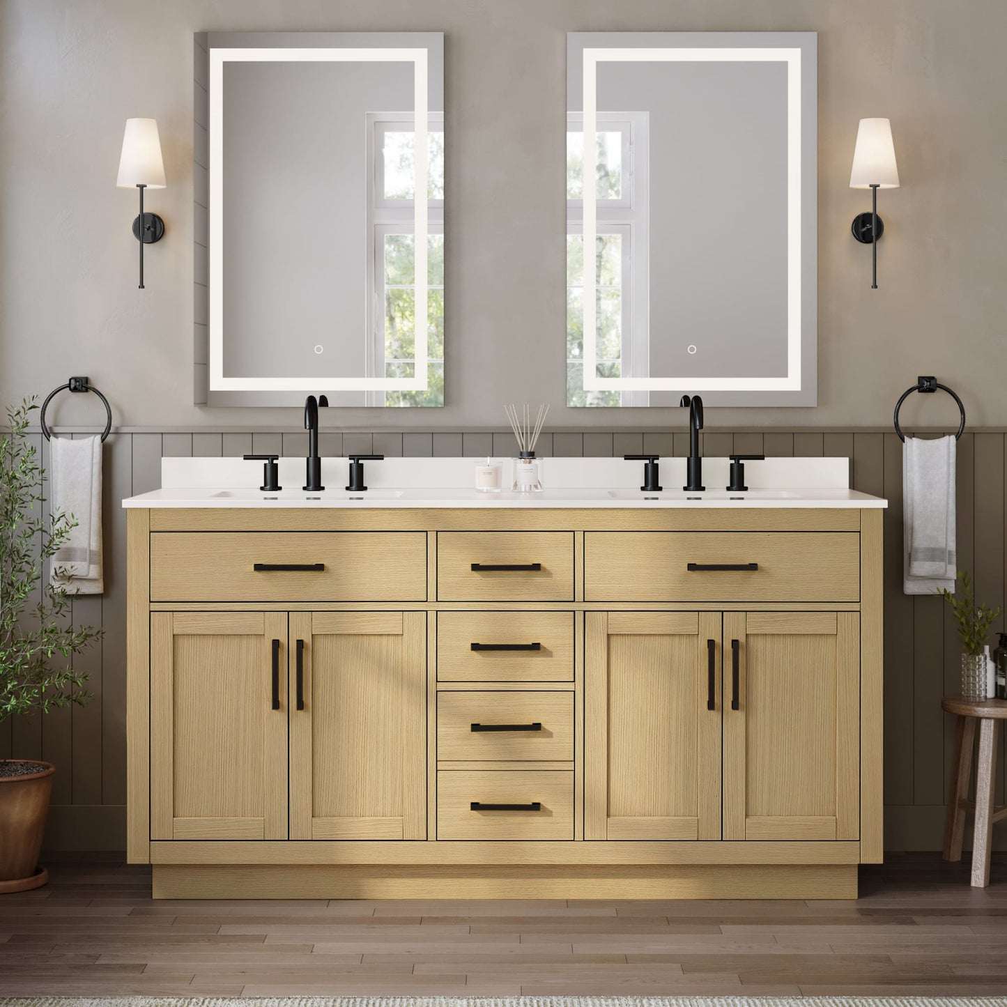 Beckett TK Bathroom Vanity with Countertop 66 inch Double Sink 3-hole Faucet Setup