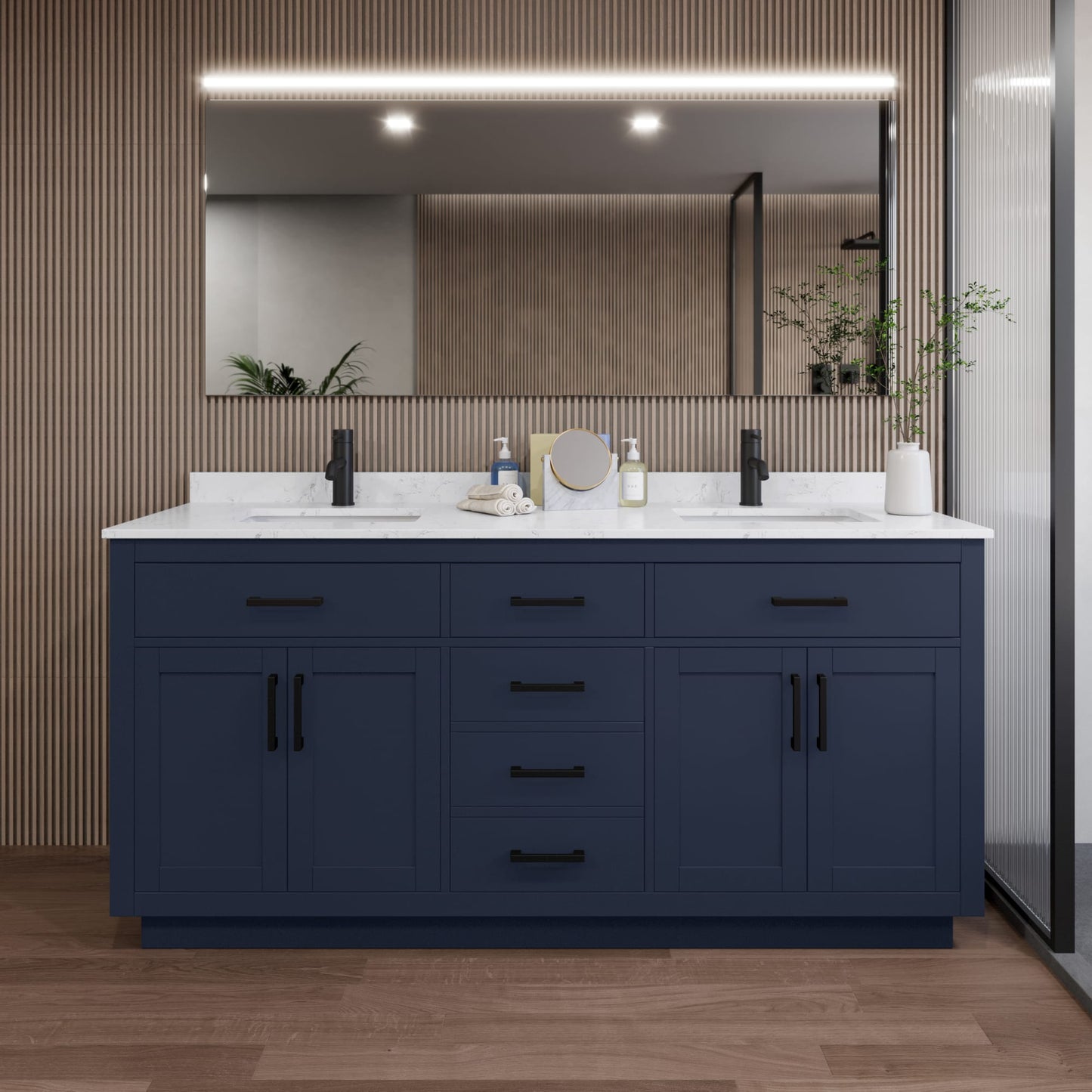 Beckett TK Bathroom Vanity with Countertop 72 inch Double Sink Single hole Faucet Setup