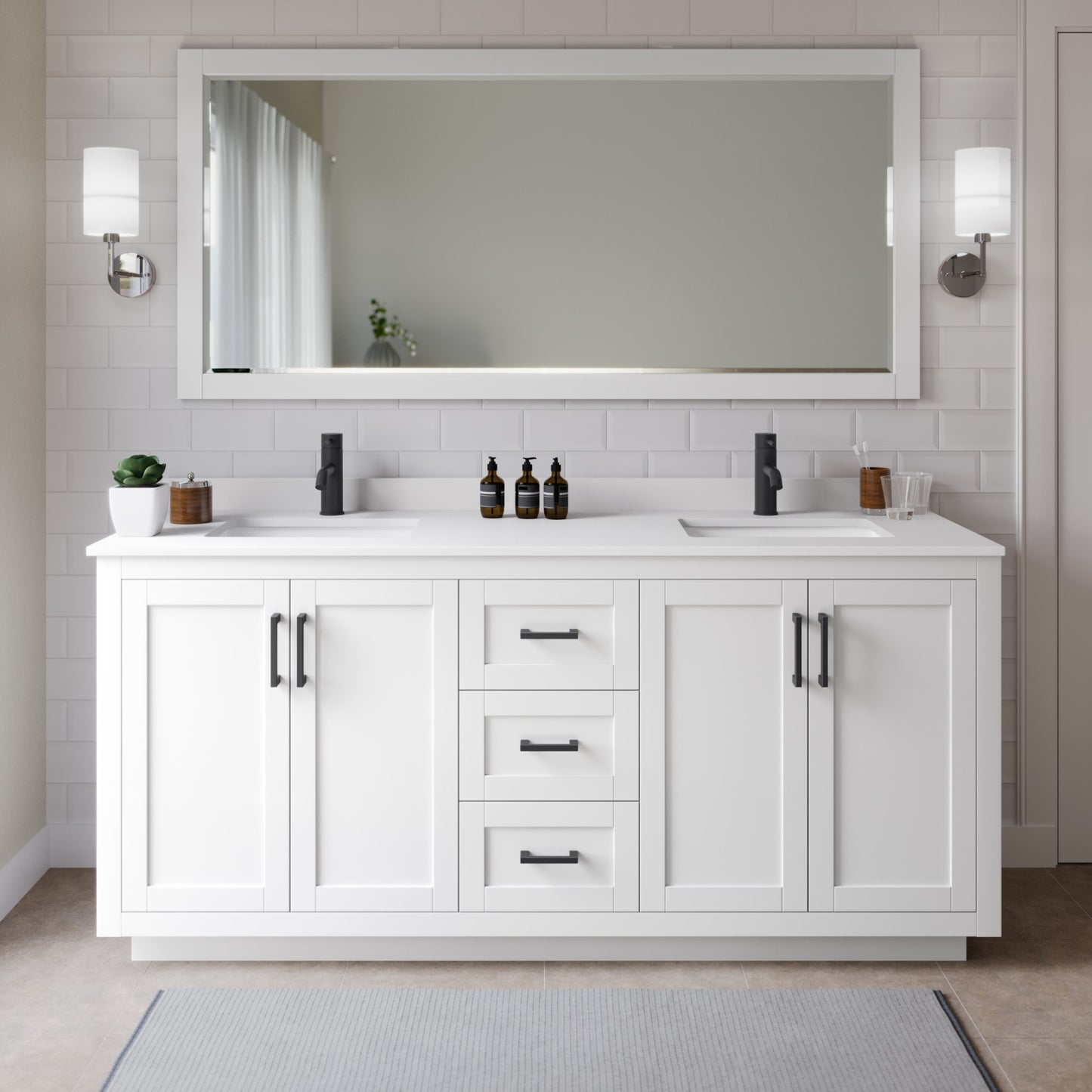 Miranda Bathroom Vanity with Countertop 72 inch Double Sink Single hole Faucet Setup