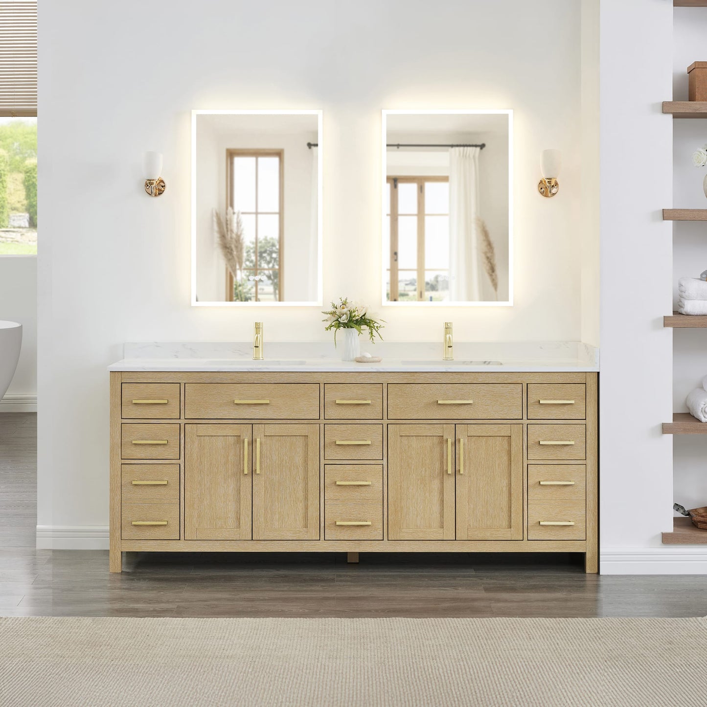 Beckett Bathroom Vanity with Countertop 84 inch Double Sink Single hole Faucet Setup