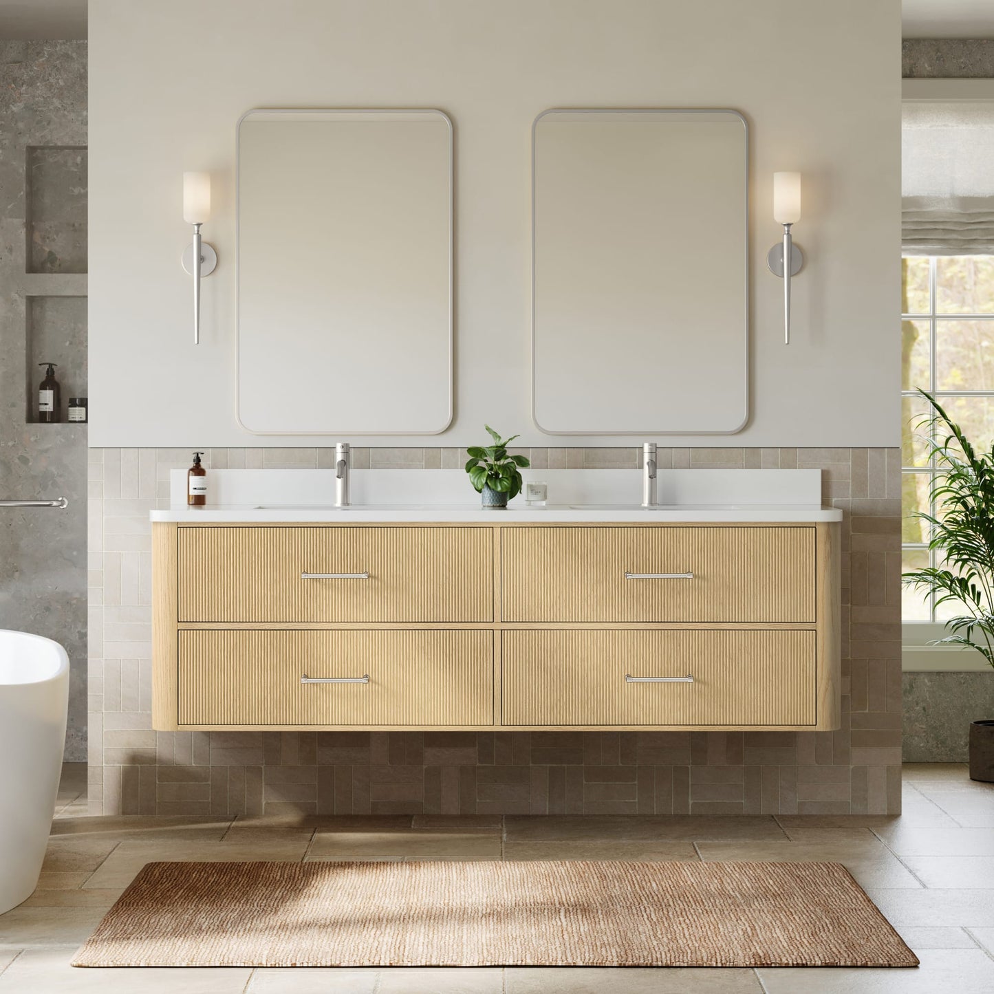 Francesca WM Wall Mounted Bathroom Vanity with Countertop 72 inch Double Sink Single hole Faucet Setup