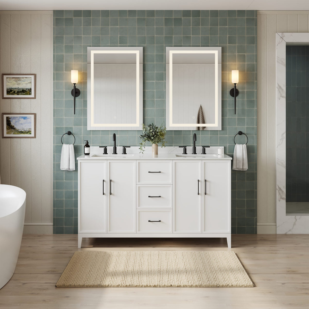 Elan Bathroom Vanity with Countertop 60 inch Double Sink 3-hole Faucet Setup