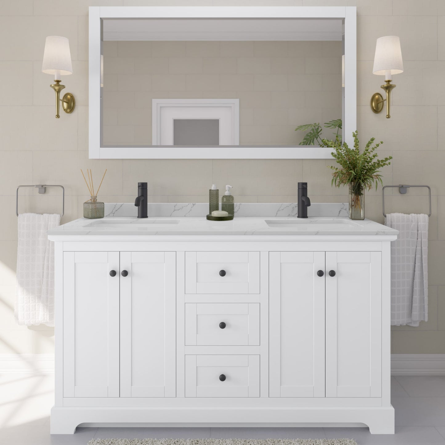 Avery Bathroom Vanity with Countertop 60 inch Double Sink Single hole Faucet Setup