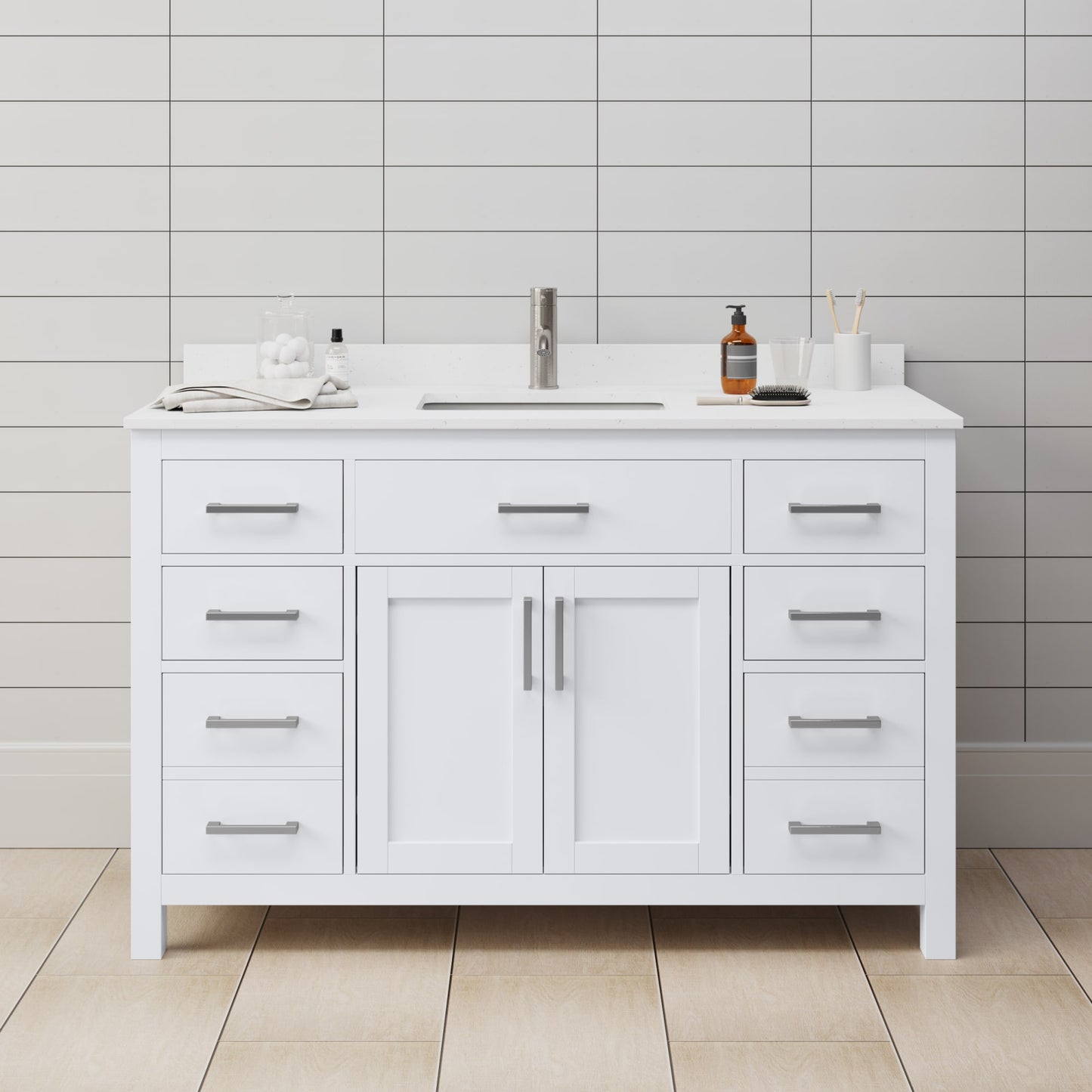 Beckett Bathroom Vanity with Countertop 54 inch Single Sink Single hole Faucet Setup