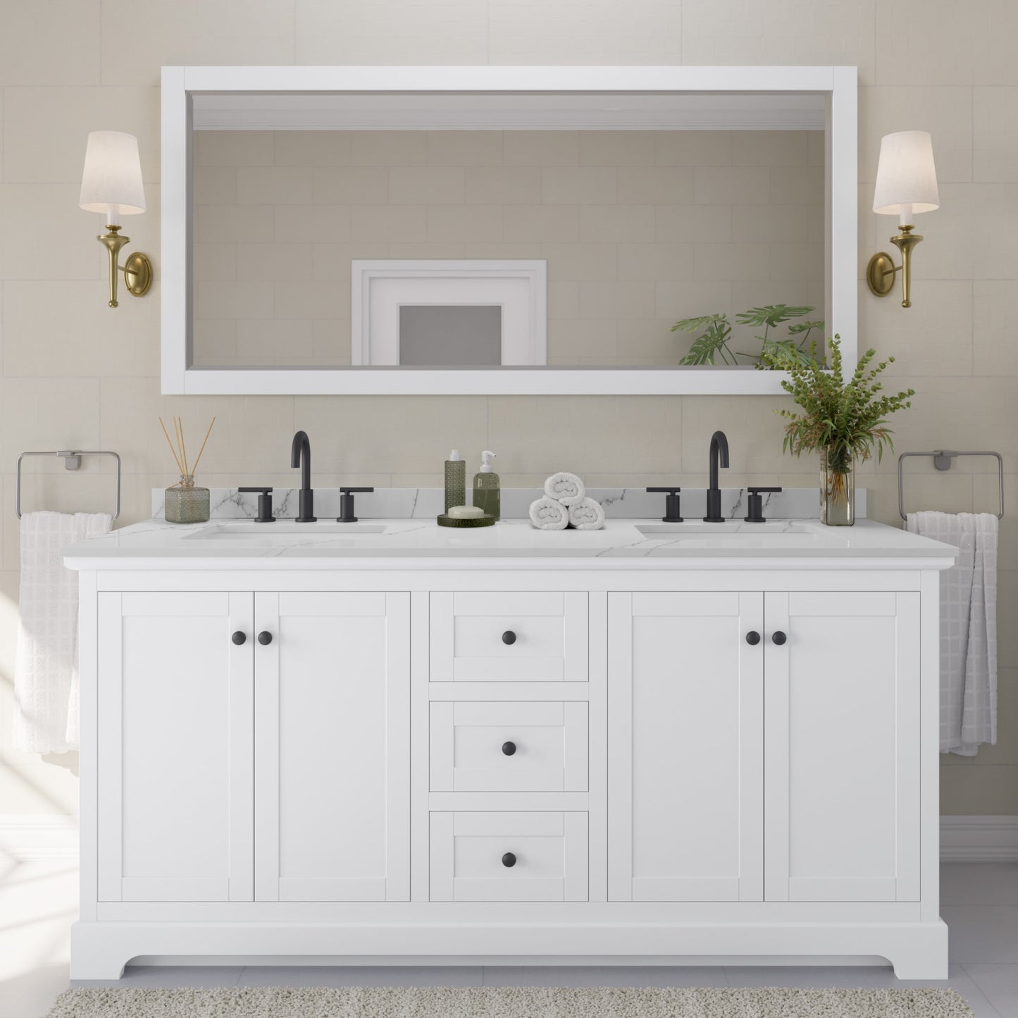 Avery Bathroom Vanity with Countertop 72 inch Double Sink 3-hole Faucet Setup