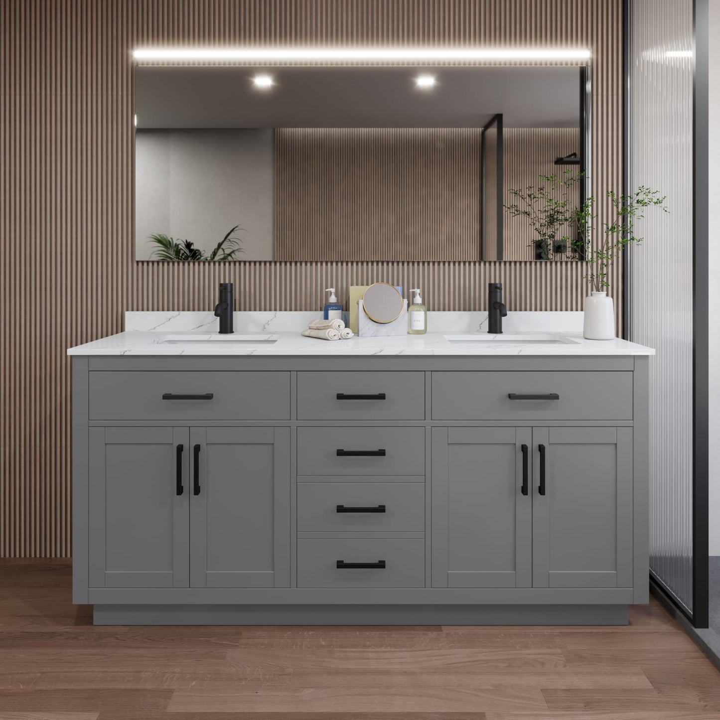 Beckett TK Bathroom Vanity with Countertop 72 inch Double Sink Single hole Faucet Setup