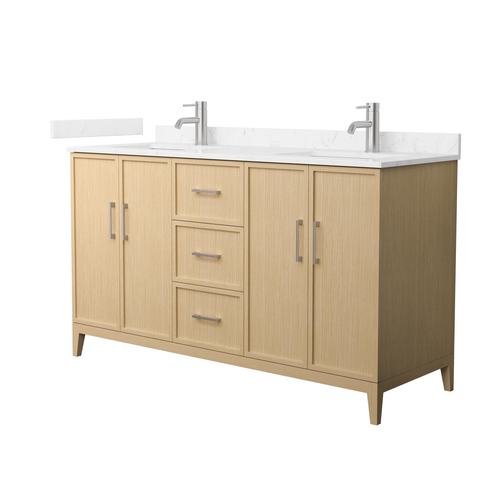 60" Transitional Double Vanity Base in White Oak, 7 Top Options with 2 Hardware Option