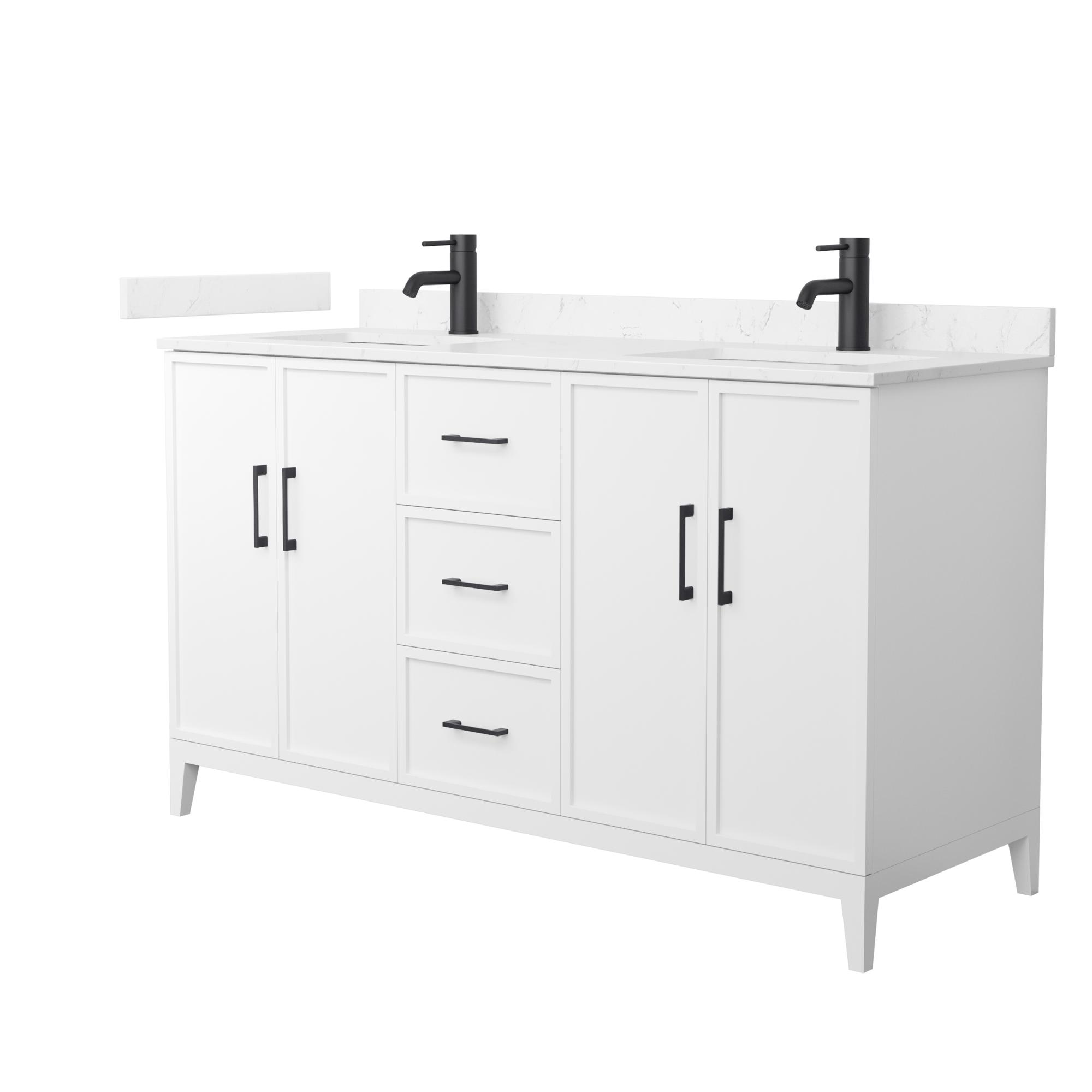60" Transitional Double Vanity Base in White, 7 Top Options with 2 Hardware Option