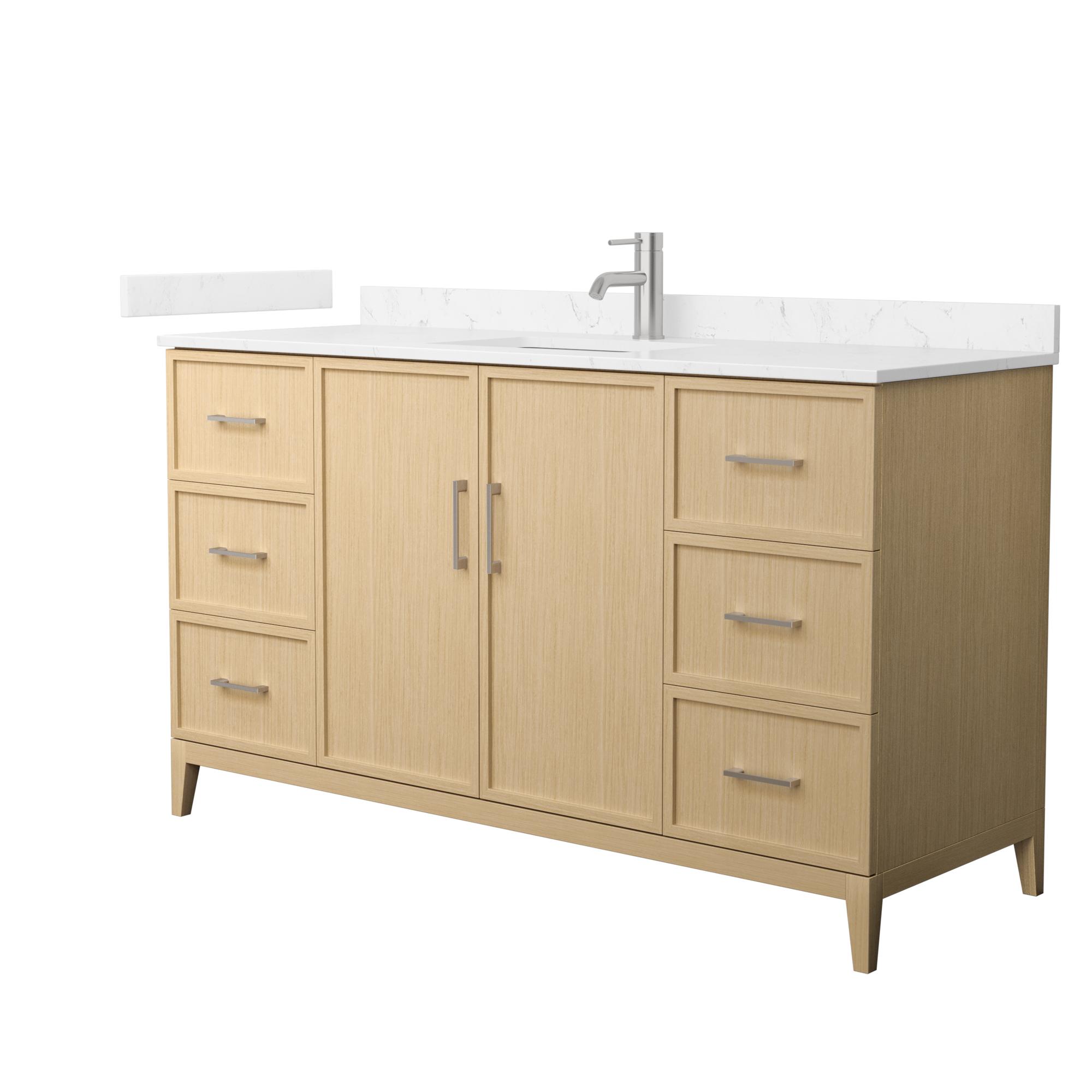 60" Transitional Single Vanity Base in White Oak, 7 Top Options with 2 Hardware Option