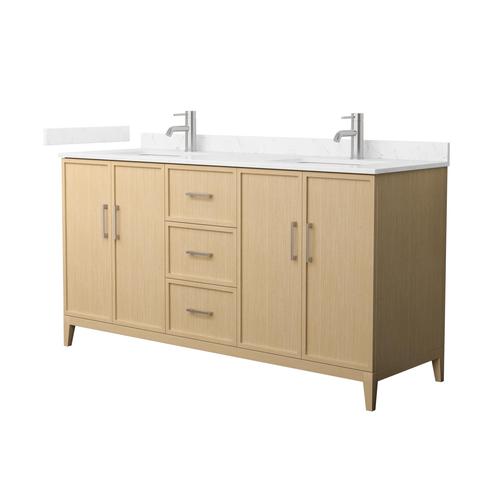 66" Transitional Double Vanity Base in White Oak, 7 Top Options with 2 Hardware Option