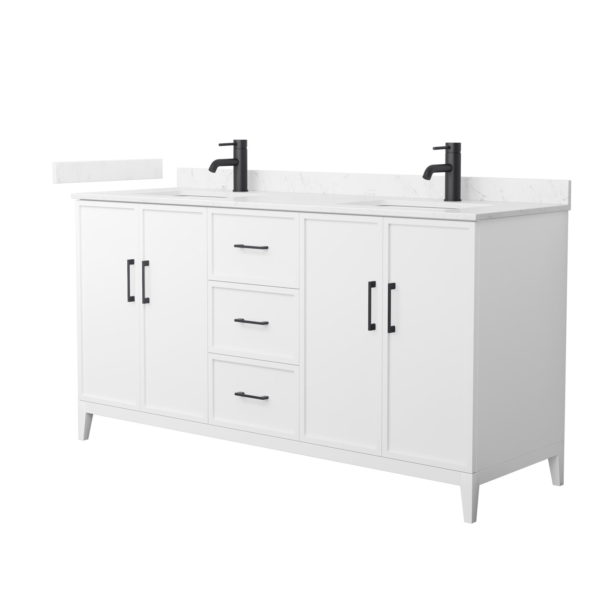 66" Transitional Double Vanity Base in White, 7 Top Options with 2 Hardware Option