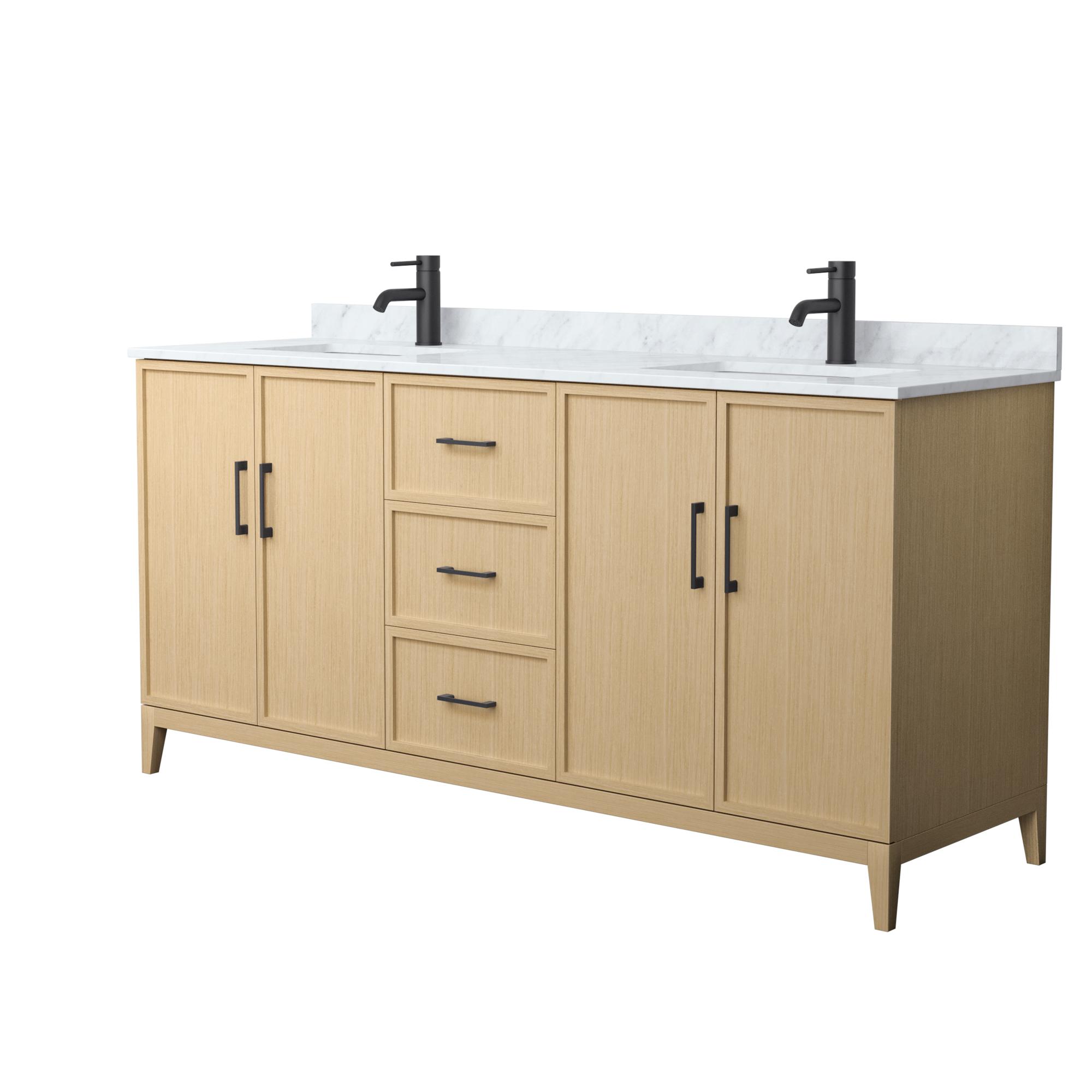 72" Transitional Double Vanity Base in White Oak, 7 Top Options with 2 Hardware Option