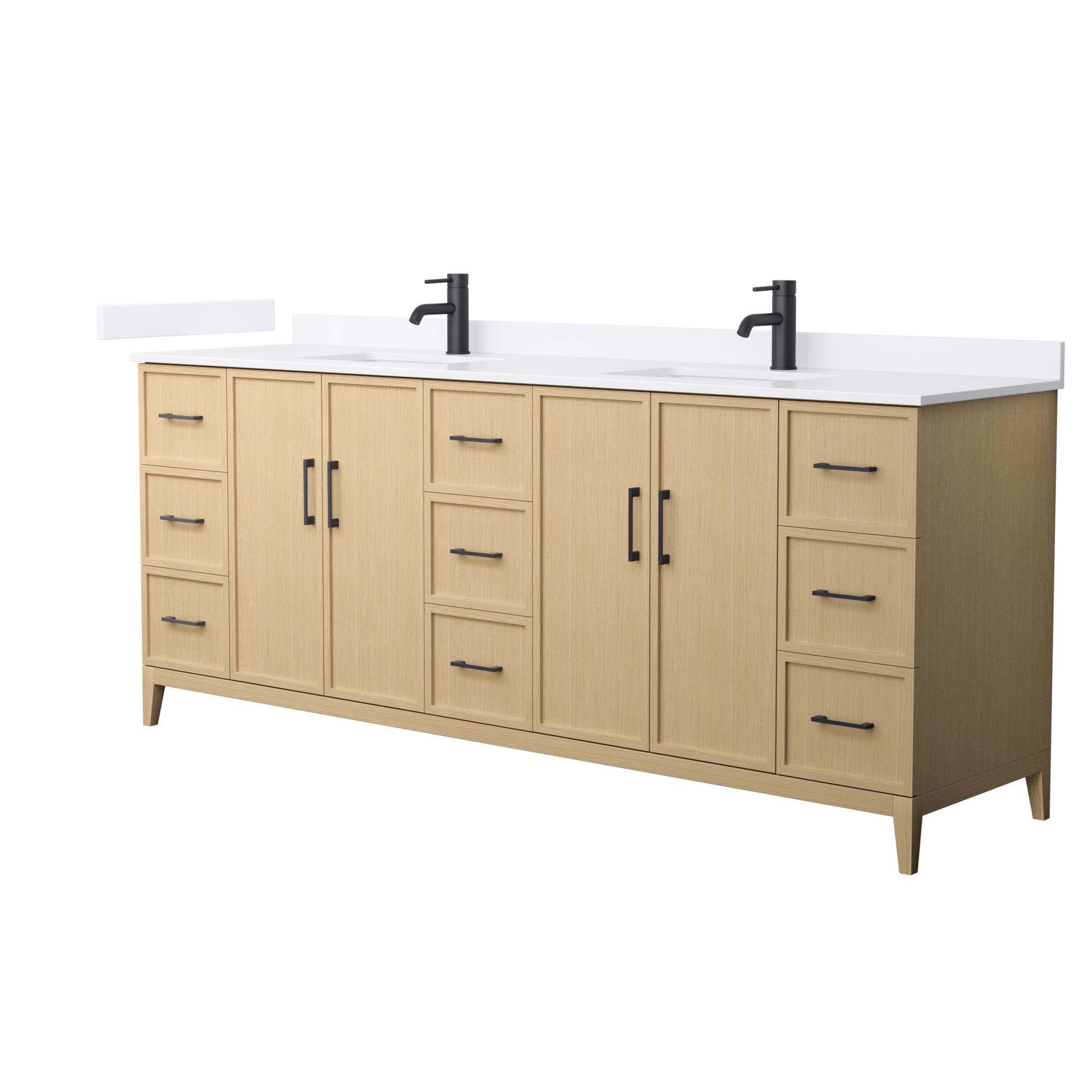 84" Transitional Double Vanity Base in White Oak, 7 Top Options with 2 Hardware Option