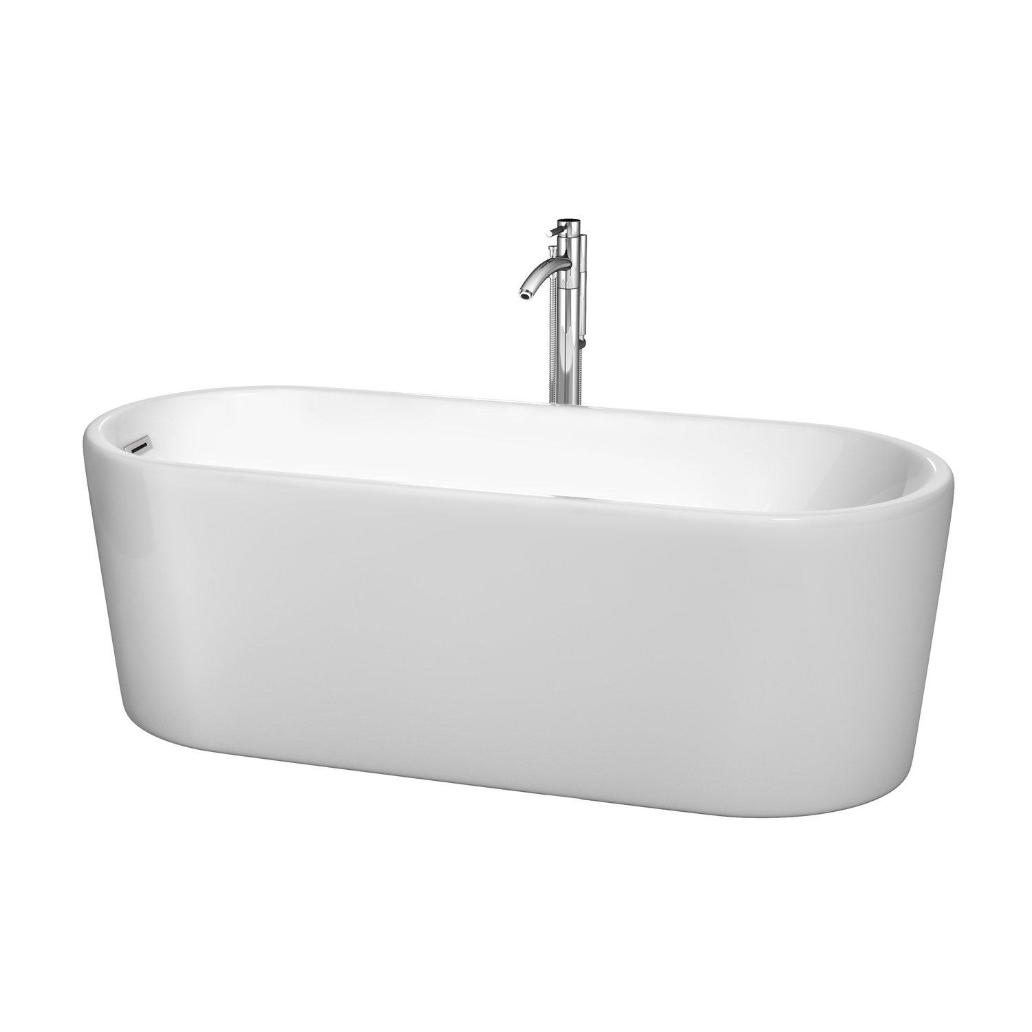 Modern Fitting 67 Inch Freestanding Bathtub in White with Floor Mounted Faucet, Drain and Overflow Trim in Polished Chrome