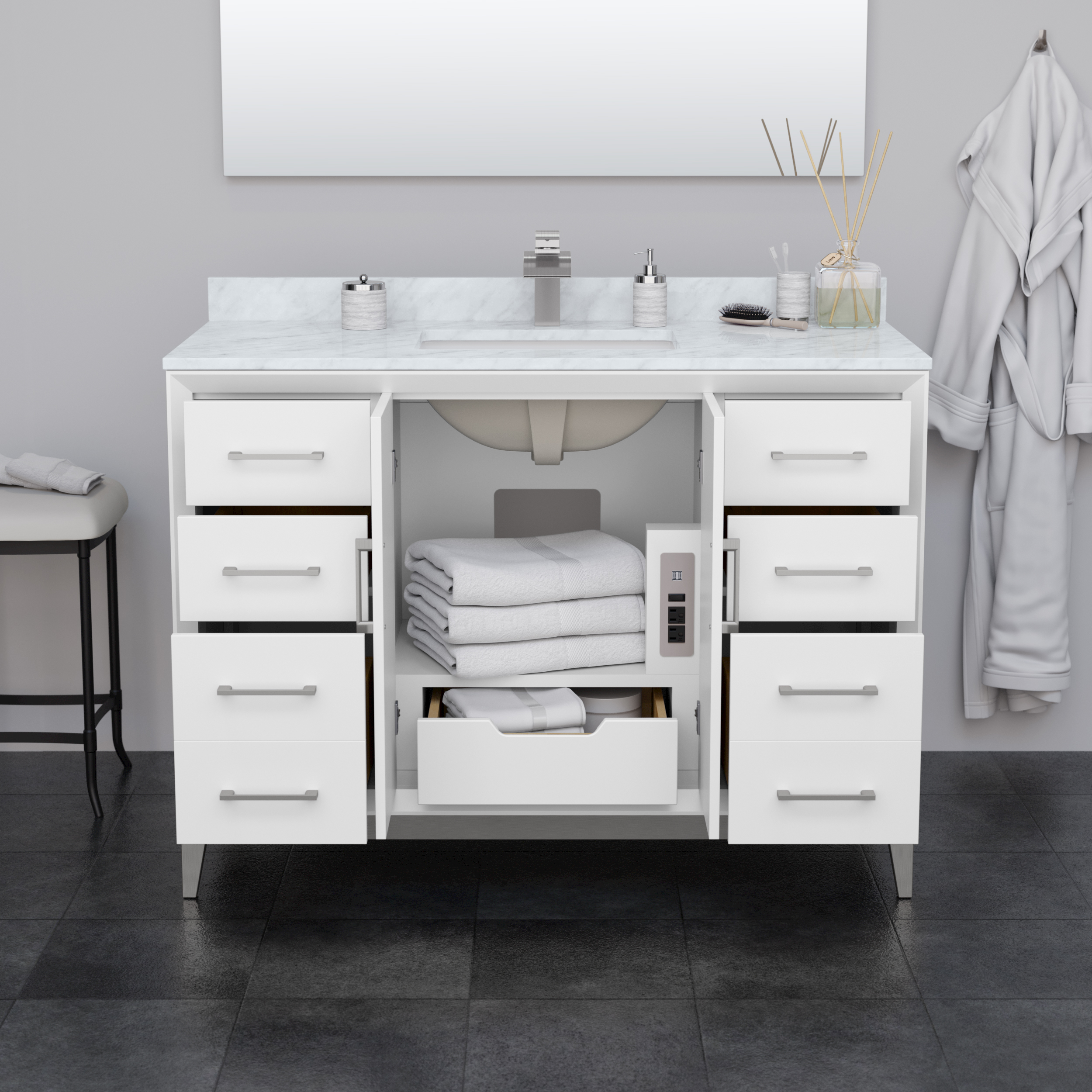 48 Inch Single Bathroom Vanity in White with Countertop Options and Hardware Options