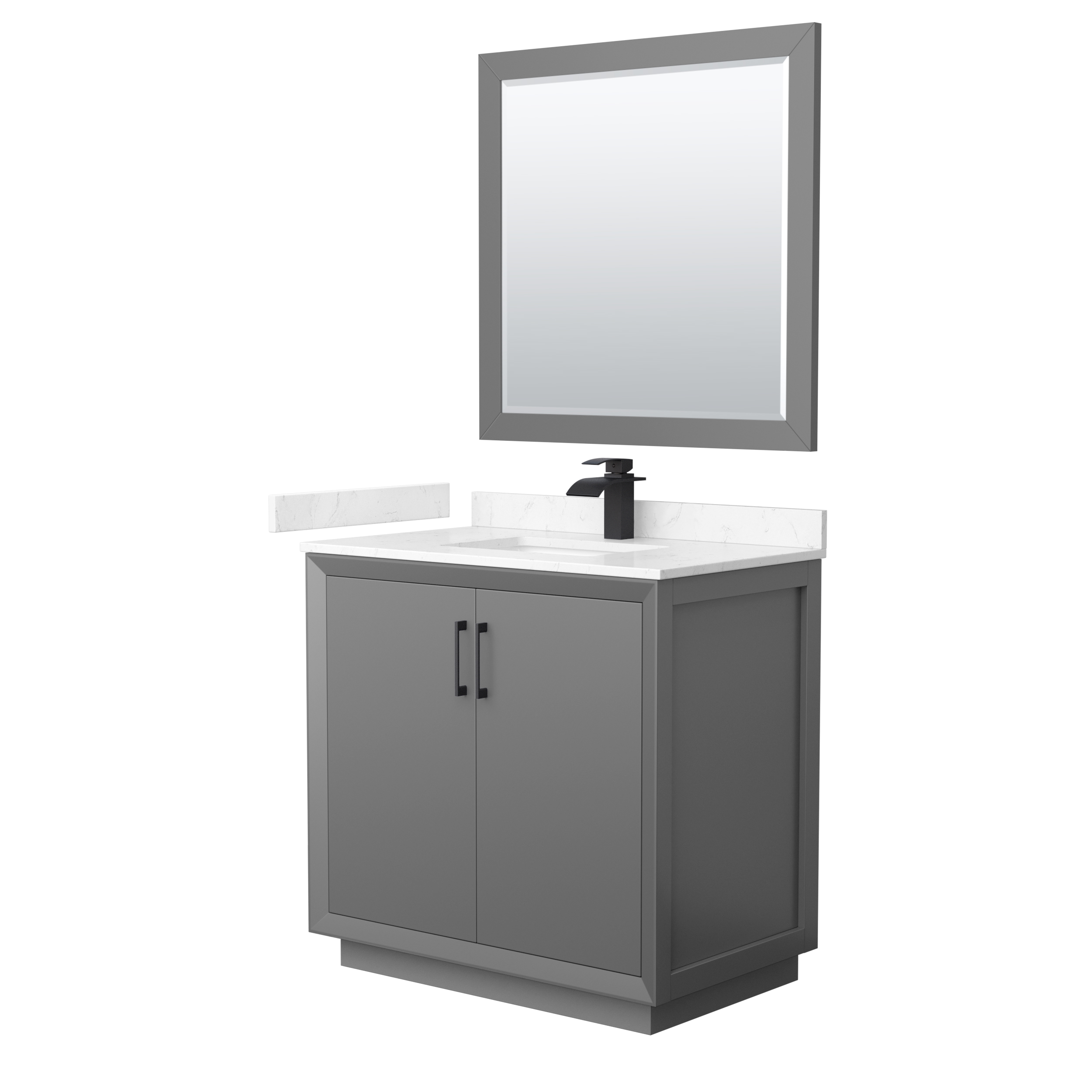 36" Transitional Single Vanity Base in Dark Grey, 3 Top Option with 3 Hardware Options and Mirror Option