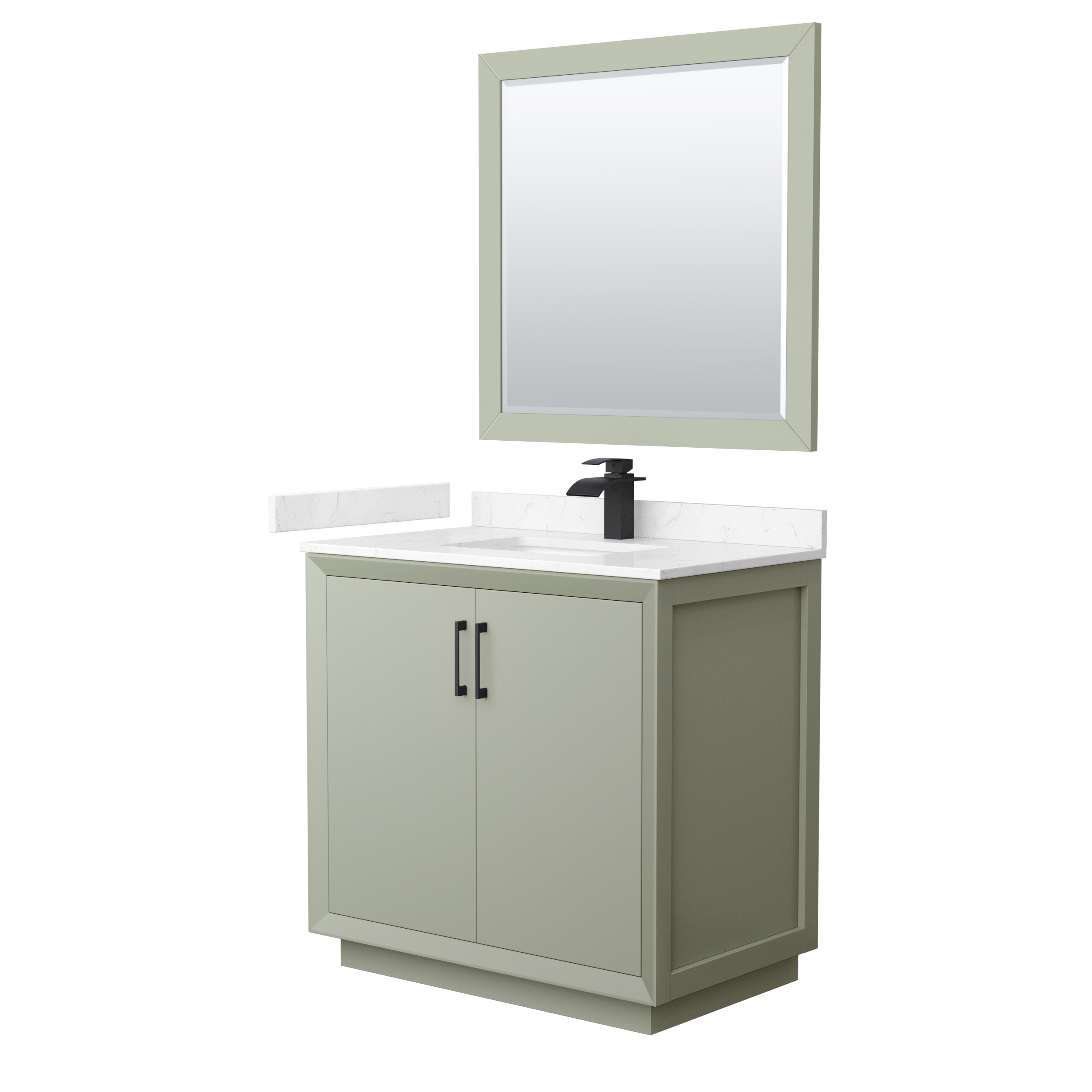 36" Transitional Single Vanity Base in Light Green, 3 Top Option with 3 Hardware Options and Mirror Option