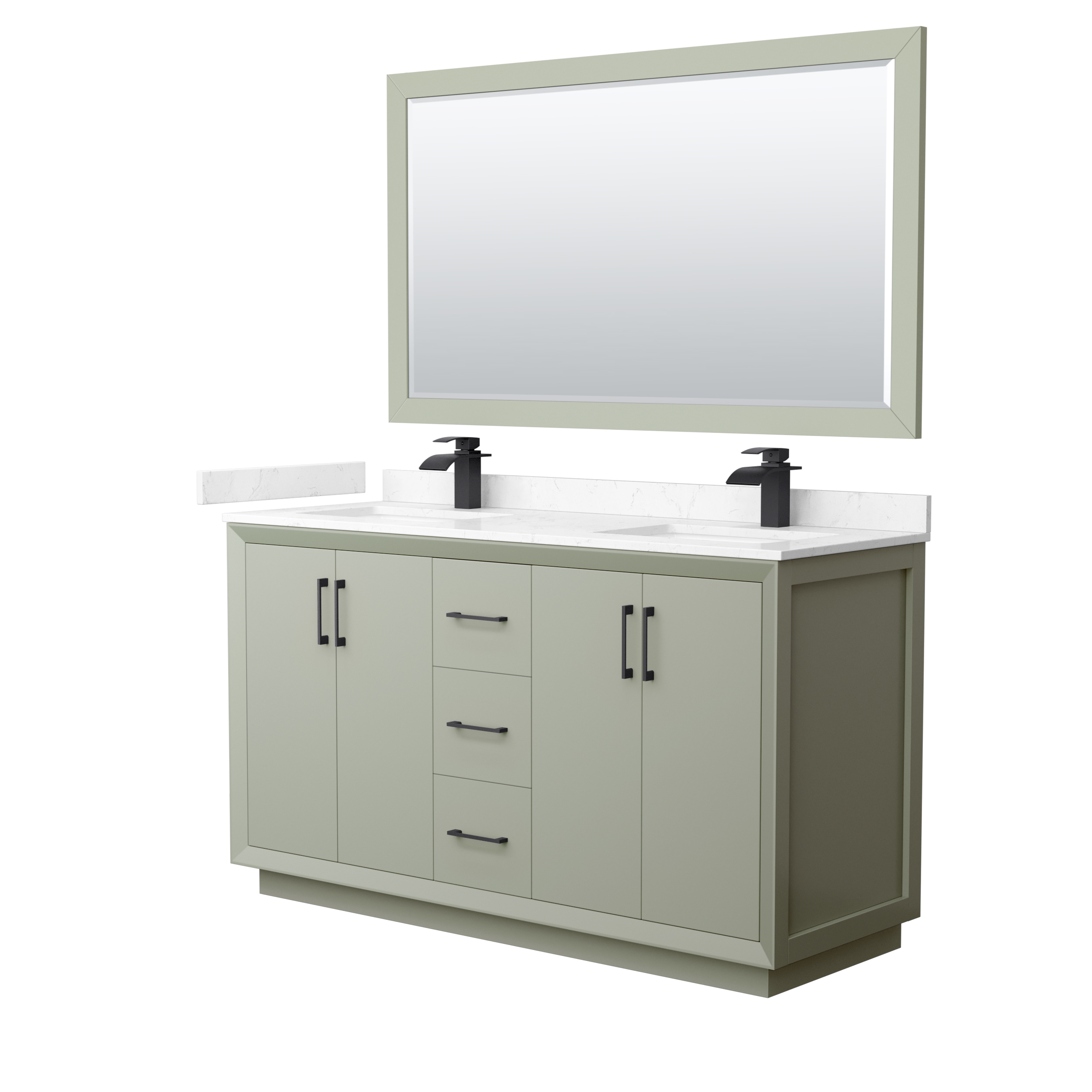 60" Transitional Double Vanity Base in Light Green, 3 Top Option, with 3 Hardware Options and Mirror Option